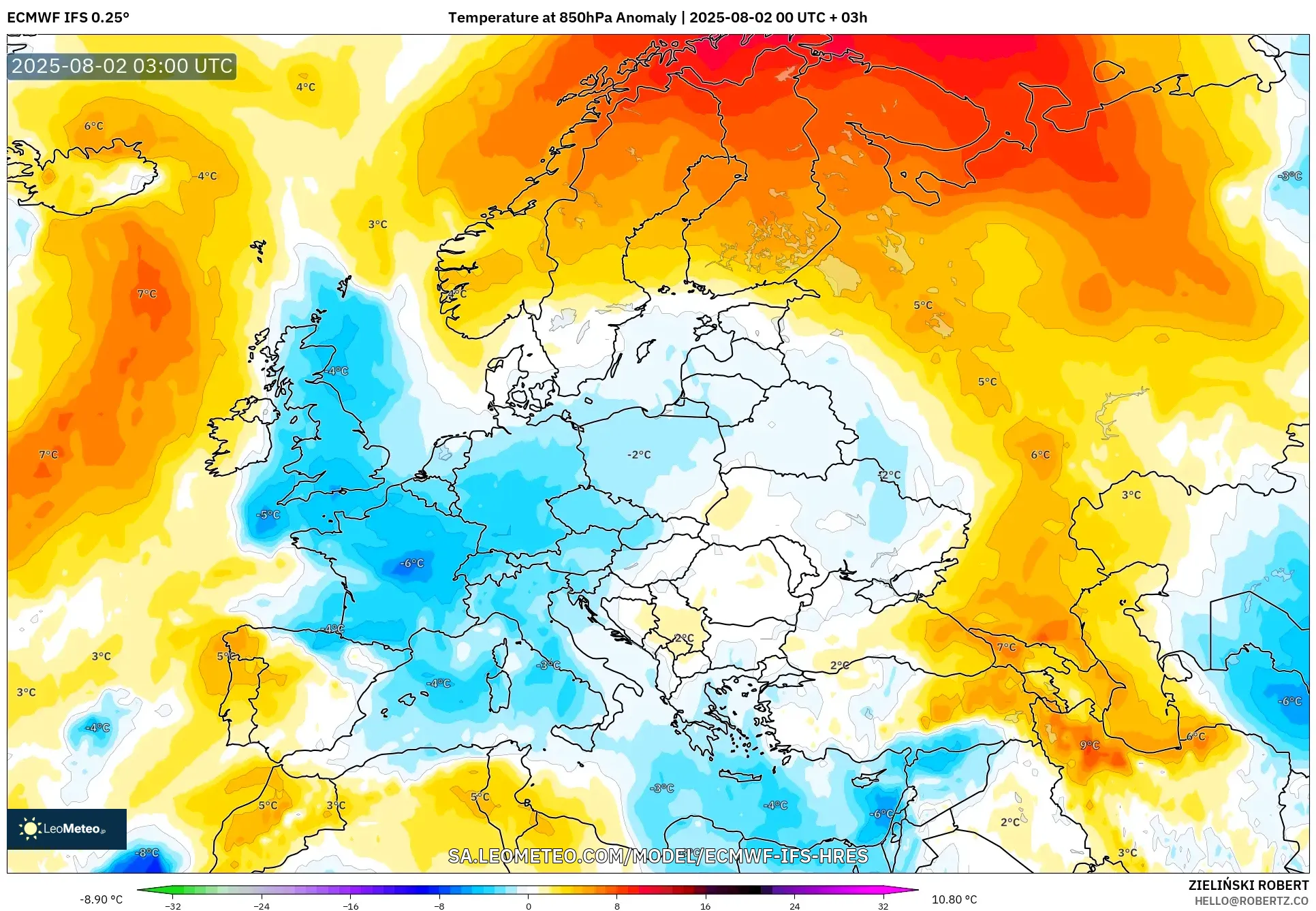 ECMWF IFS 0.25° model - Eropa, Anomali Suhu 850 hPa ECMWF IFS 0.25° model - Eropa, Anomali Suhu 850 hPa