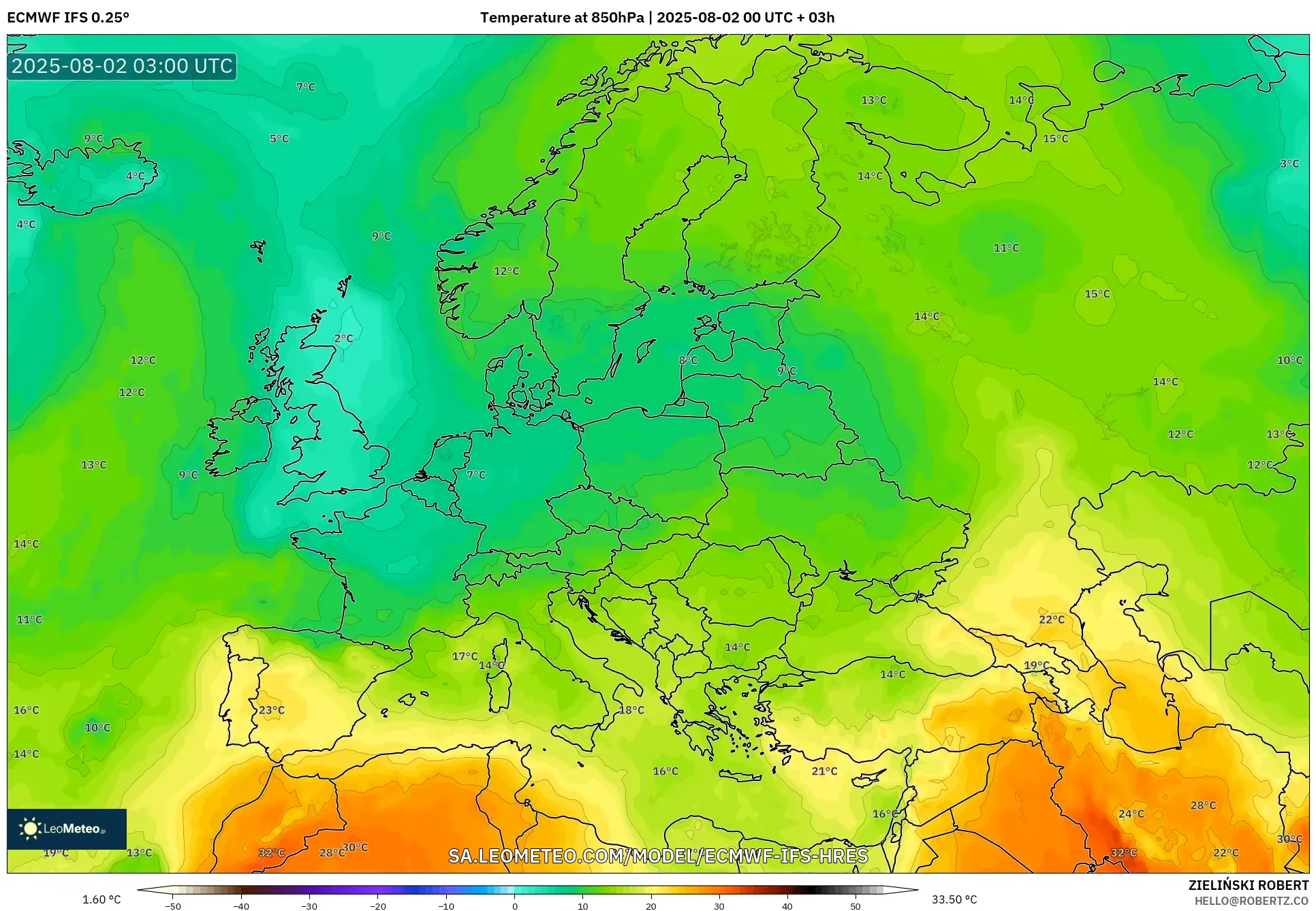 ECMWF IFS 0.25° model - Eropa, Suhu 850 hPa ECMWF IFS 0.25° model - Eropa, Suhu 850 hPa
