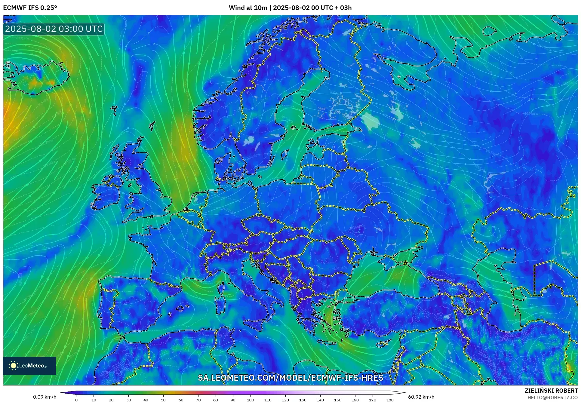 ECMWF IFS 0.25° model - Eropa, Angin 10 m ECMWF IFS 0.25° model - Eropa, Angin 10 m