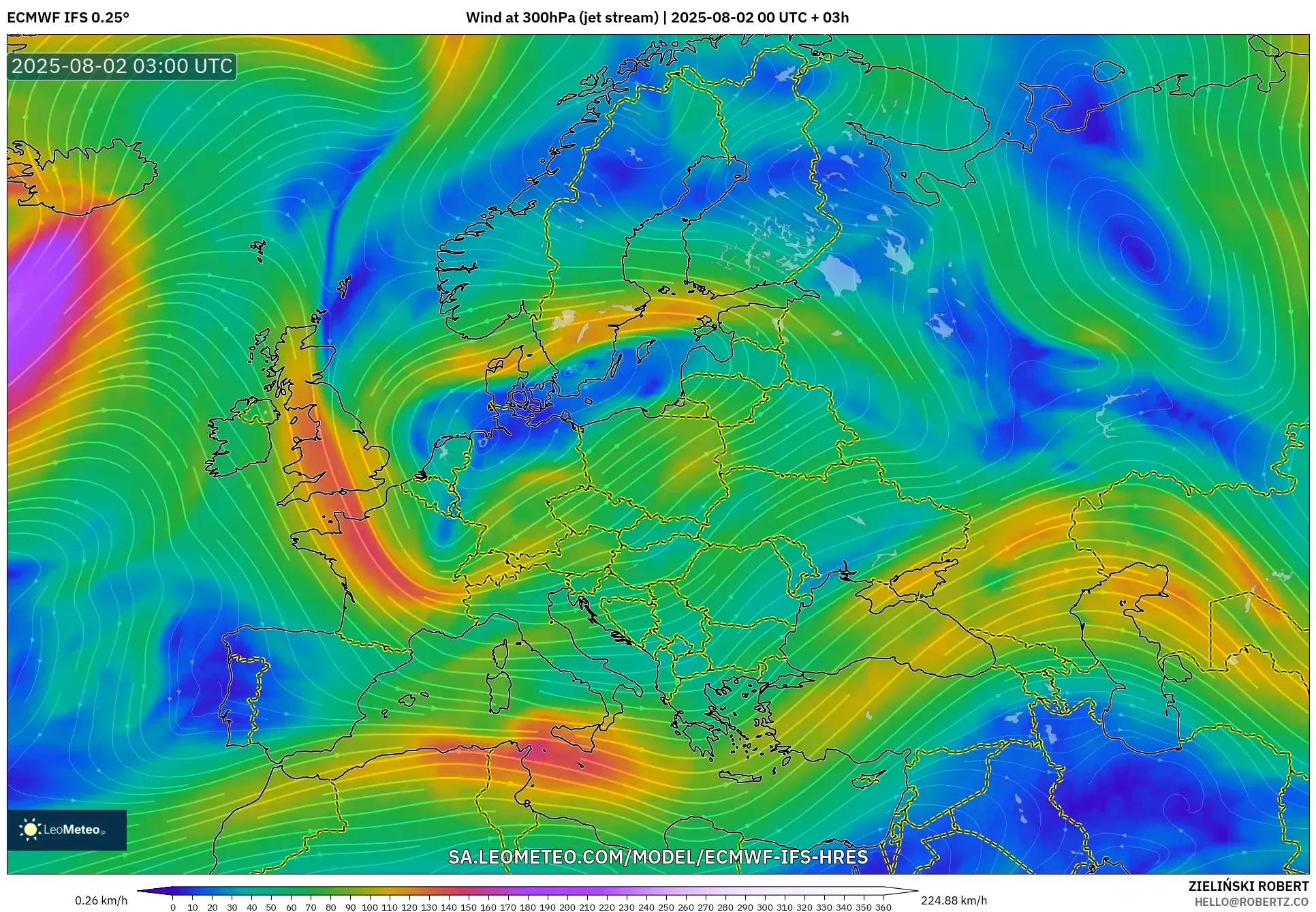 ECMWF IFS 0.25° model - Eropa, Angin 300 hPa (aliran jet) ECMWF IFS 0.25° model - Eropa, Angin 300 hPa (aliran jet)