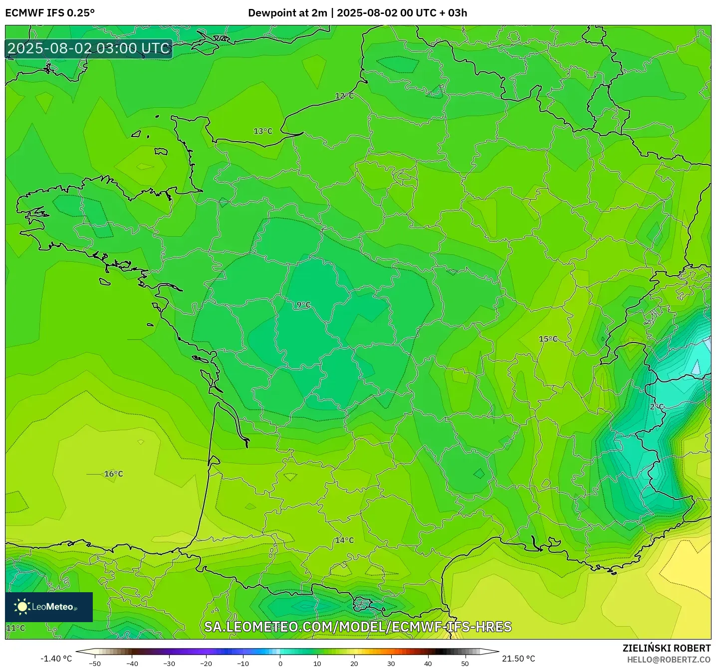 ECMWF IFS 0.25° model - Prancis, Titik Embun 2 m ECMWF IFS 0.25° model - Prancis, Titik Embun 2 m