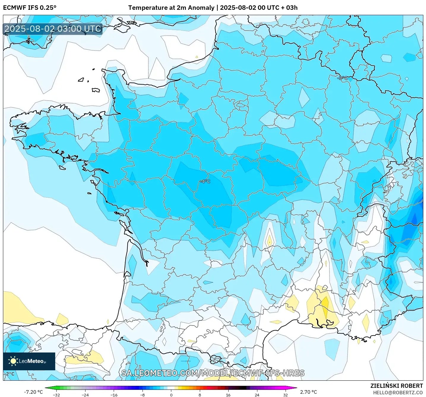 ECMWF IFS 0.25° model - Prancis, Anomali Suhu 2 m ECMWF IFS 0.25° model - Prancis, Anomali Suhu 2 m