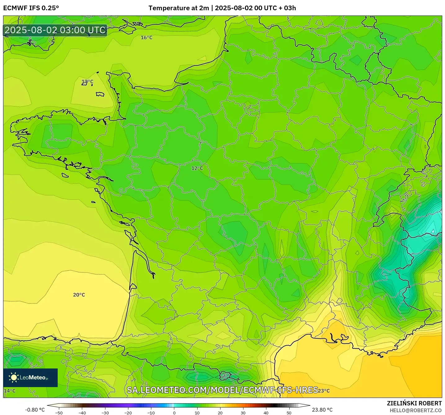ECMWF IFS 0.25° model - Prancis, Suhu 2 m ECMWF IFS 0.25° model - Prancis, Suhu 2 m