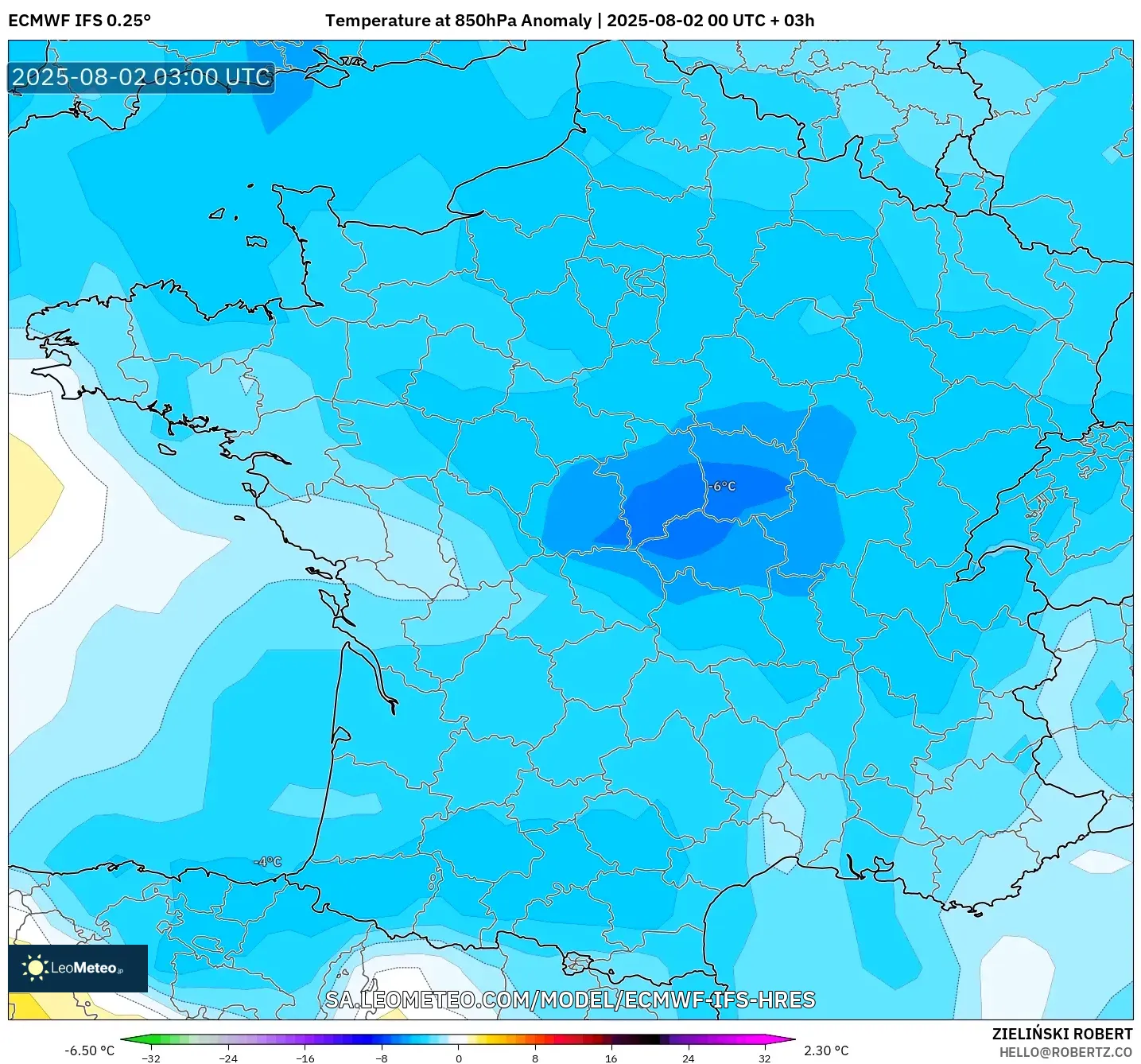 ECMWF IFS 0.25° model - Prancis, Anomali Suhu 850 hPa