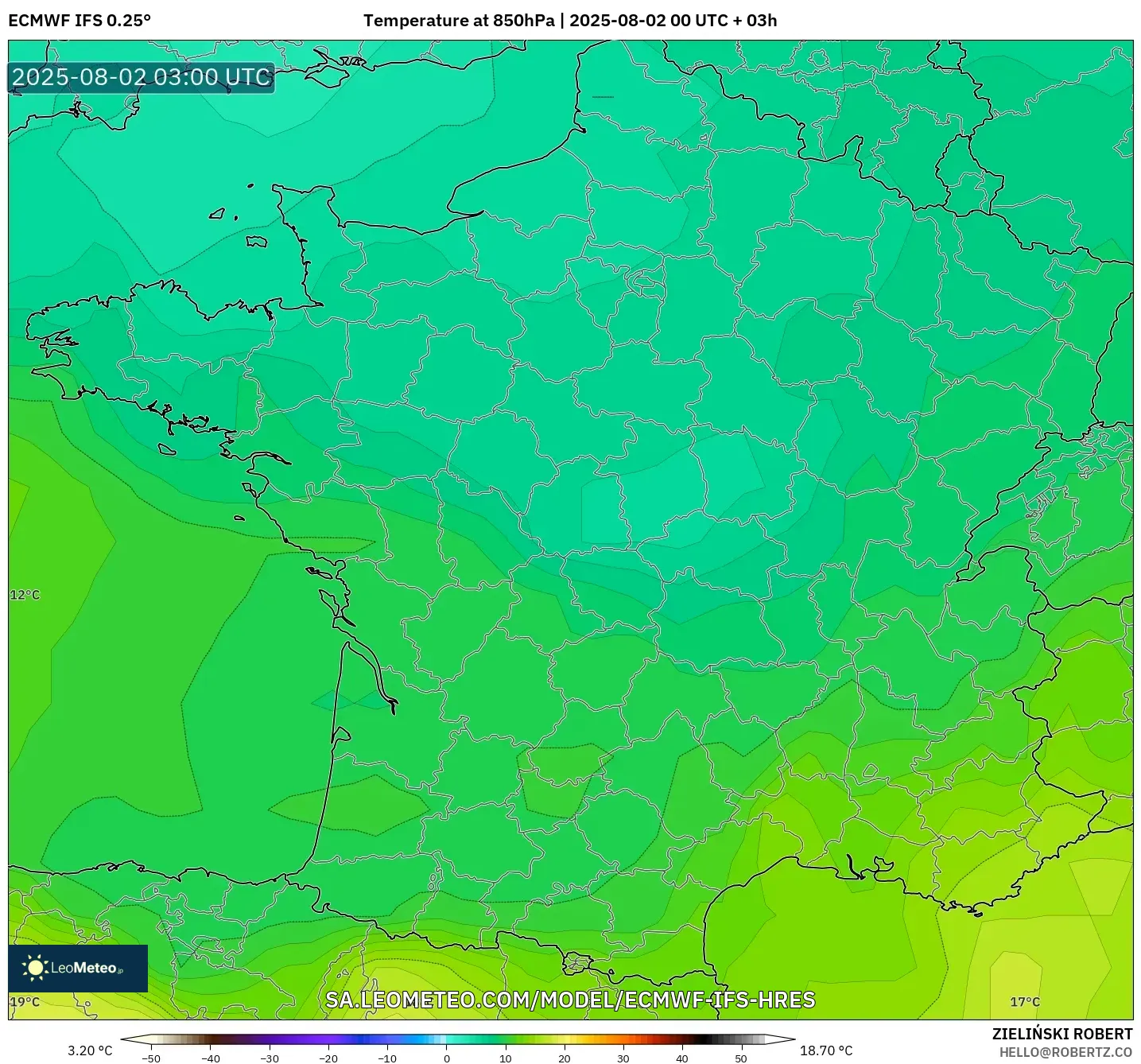 ECMWF IFS 0.25° model - Prancis, Suhu 850 hPa ECMWF IFS 0.25° model - Prancis, Suhu 850 hPa