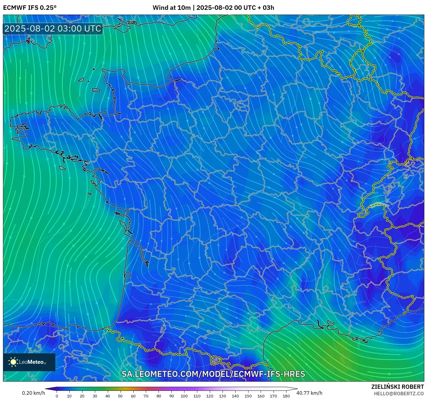 ECMWF IFS 0.25° model - Prancis, Angin 10 m ECMWF IFS 0.25° model - Prancis, Angin 10 m
