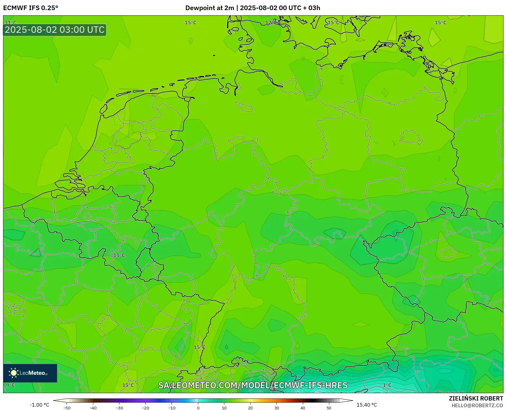 ECMWF IFS 0.25° model - Jerman, Titik Embun 2 m ECMWF IFS 0.25° model - Jerman, Titik Embun 2 m