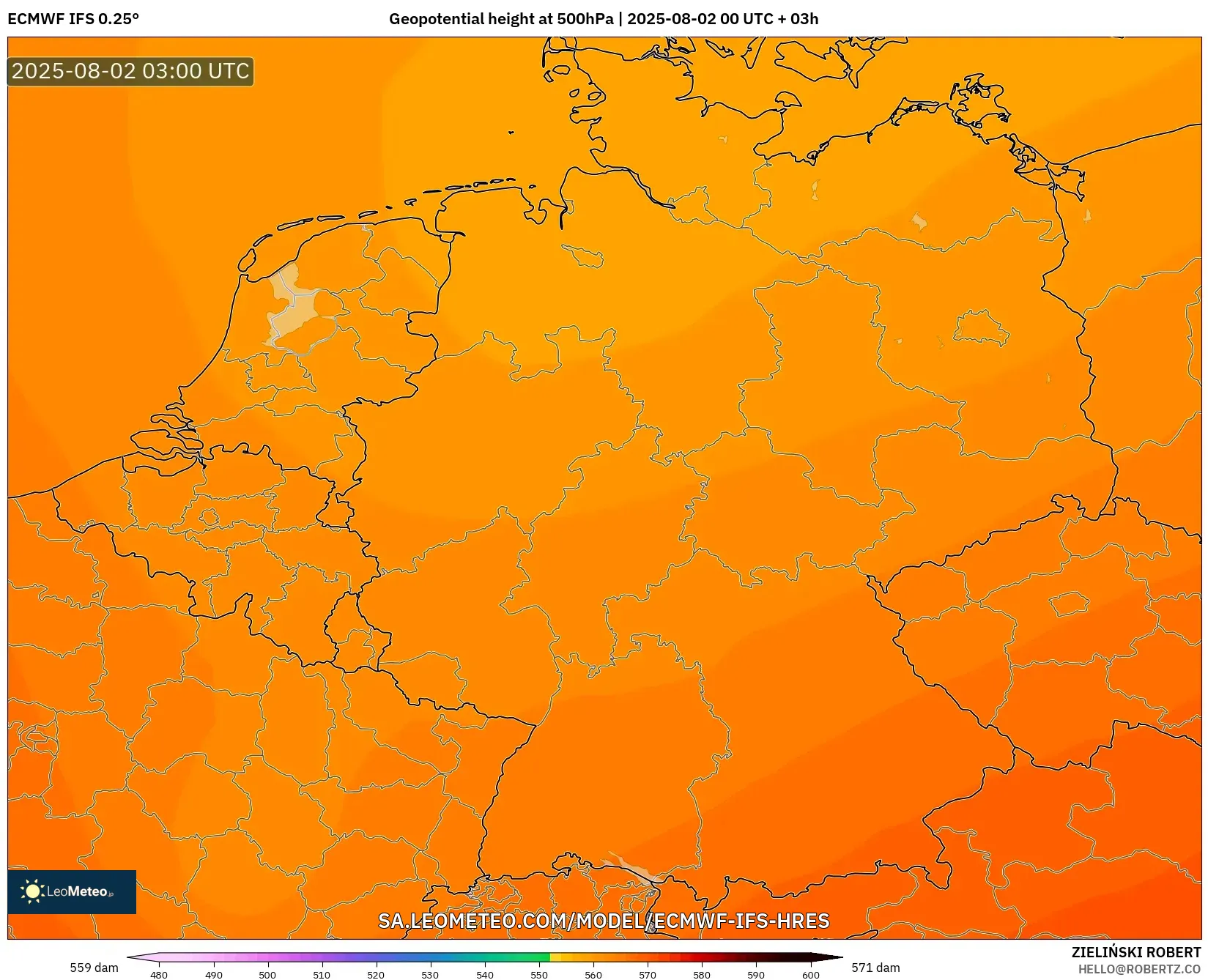 ECMWF IFS 0.25° model - Jerman, Ketinggian geopotensial pada 500 hPa ECMWF IFS 0.25° model - Jerman, Ketinggian geopotensial pada 500 hPa