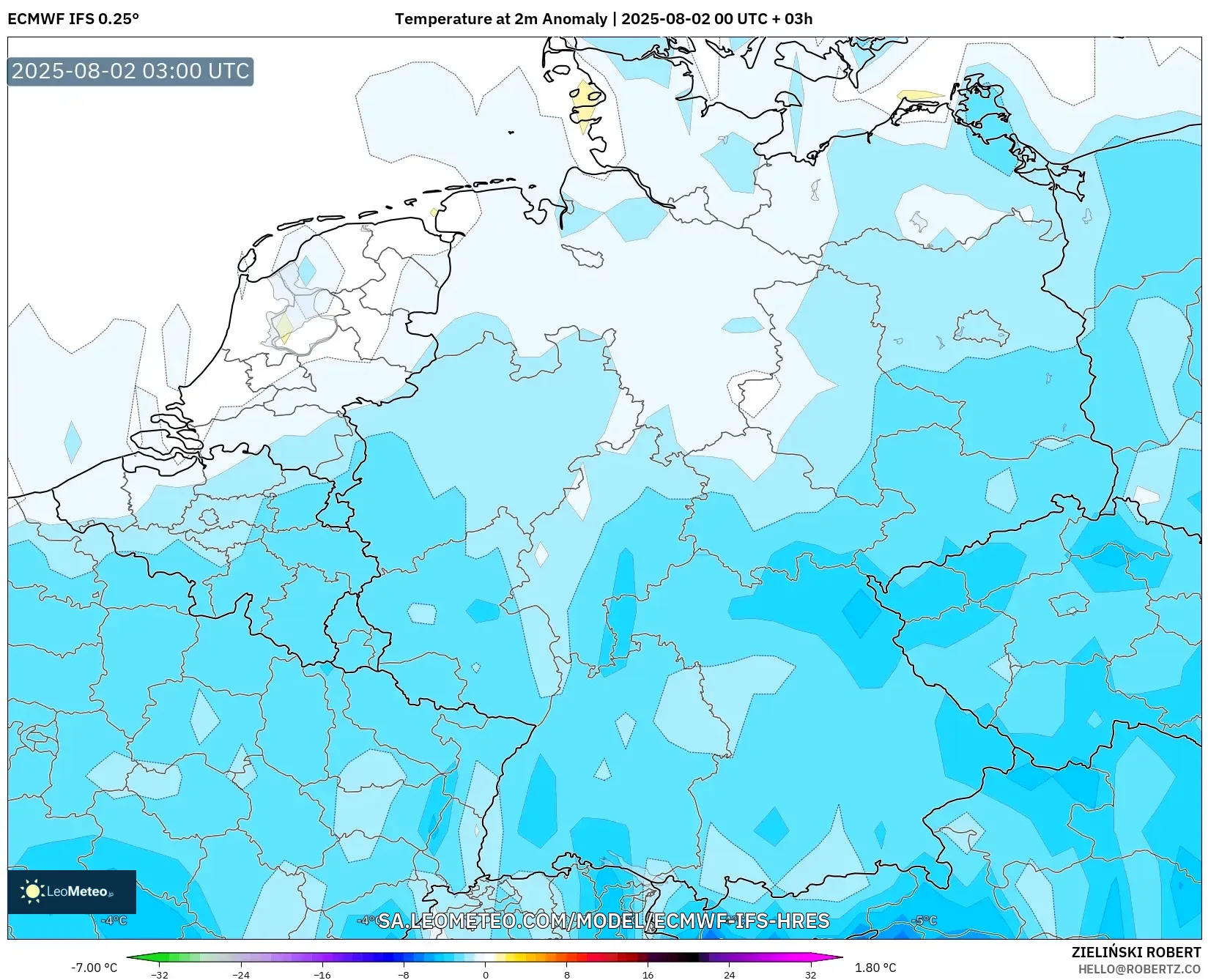 ECMWF IFS 0.25° model - Jerman, Anomali Suhu 2 m ECMWF IFS 0.25° model - Jerman, Anomali Suhu 2 m