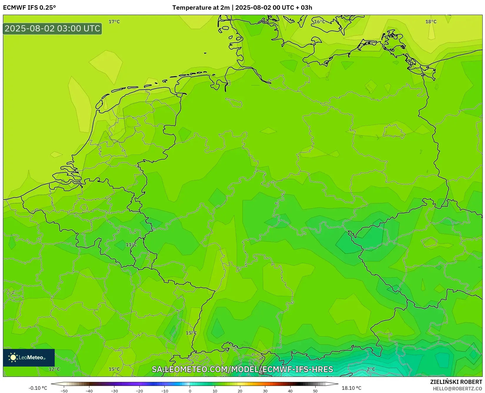 ECMWF IFS 0.25° model - Jerman, Suhu 2 m