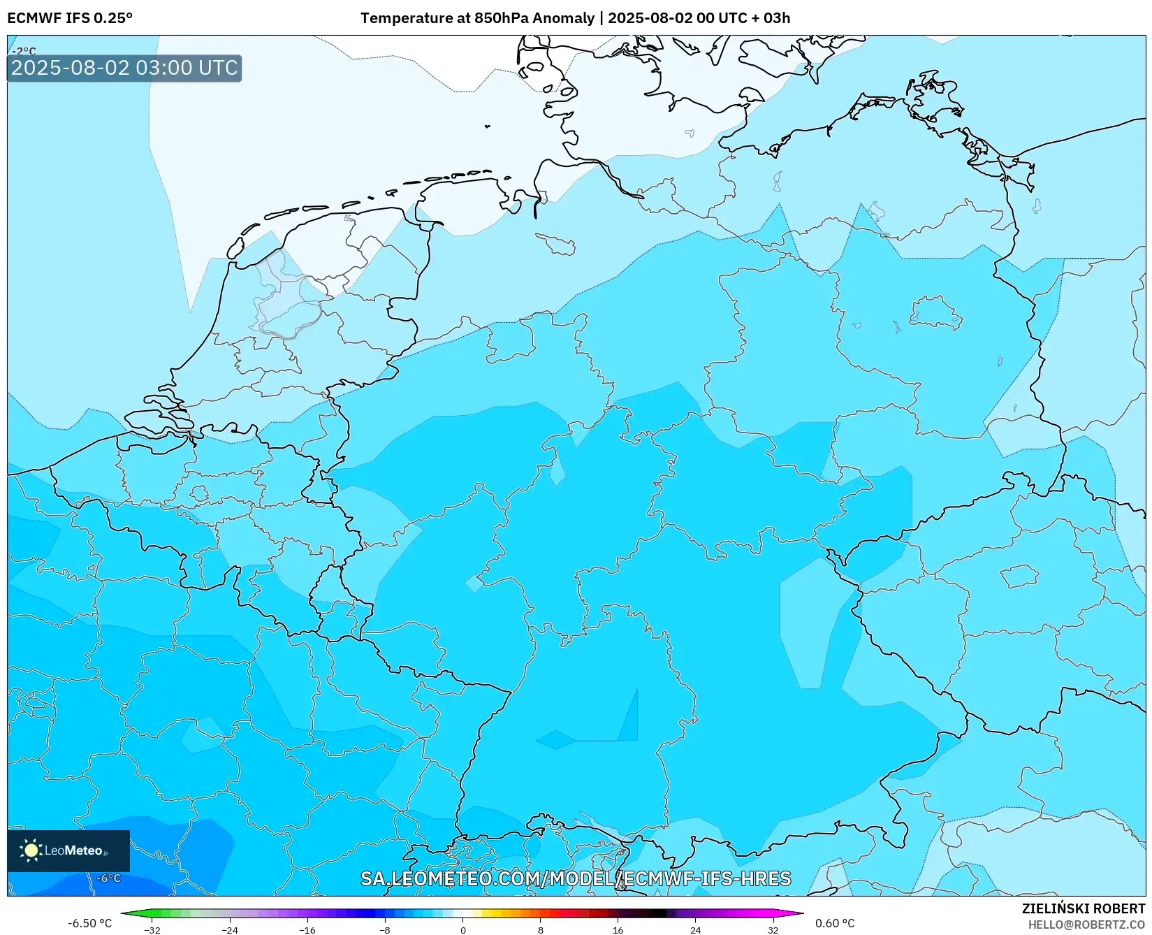 ECMWF IFS 0.25° model - Jerman, Anomali Suhu 850 hPa ECMWF IFS 0.25° model - Jerman, Anomali Suhu 850 hPa