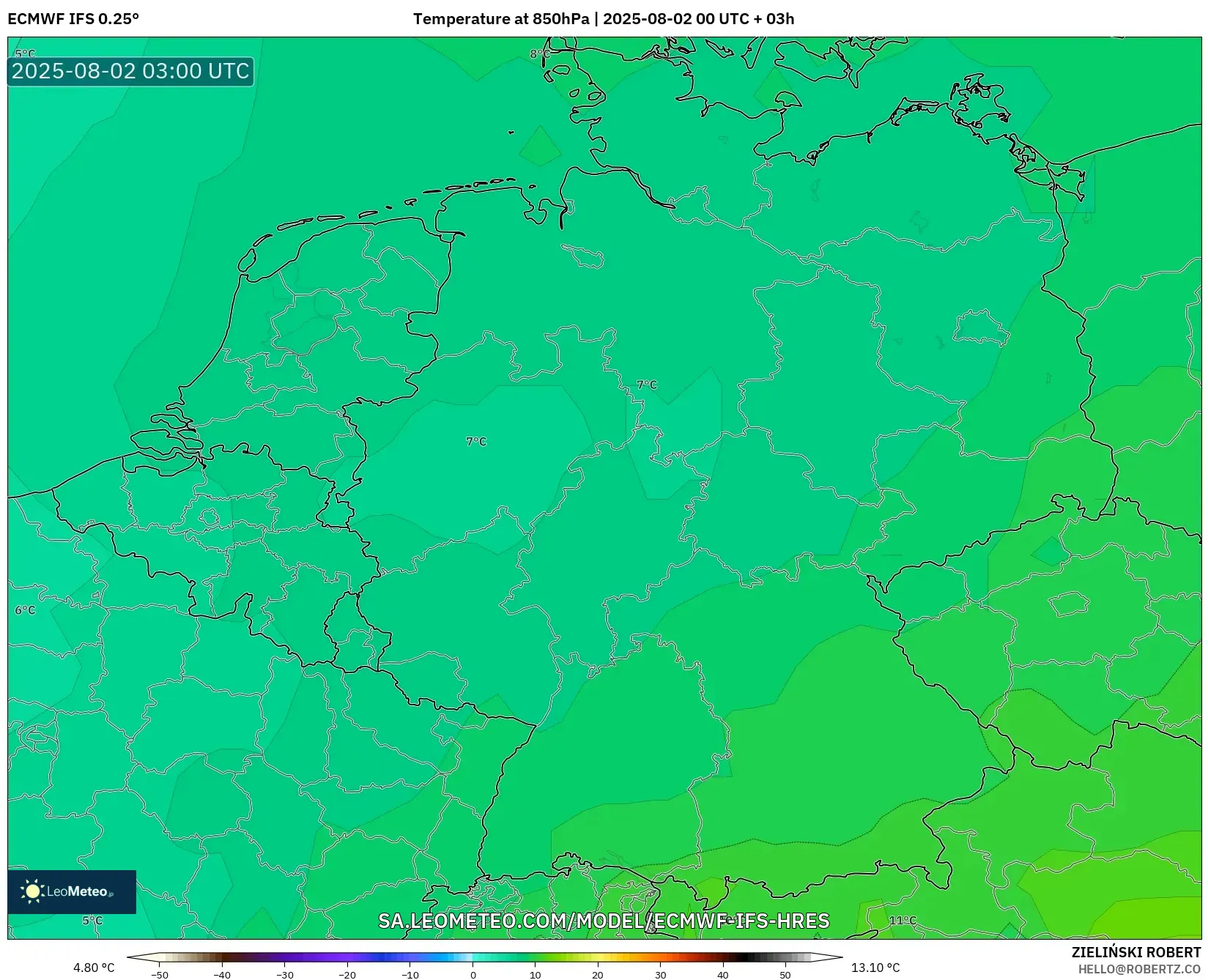 ECMWF IFS 0.25° model - Jerman, Suhu 850 hPa ECMWF IFS 0.25° model - Jerman, Suhu 850 hPa