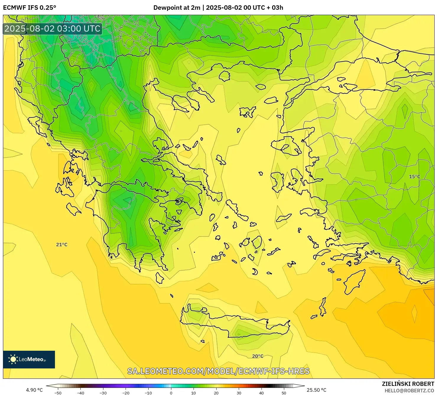 ECMWF IFS 0.25° model - Yunani, Titik Embun 2 m