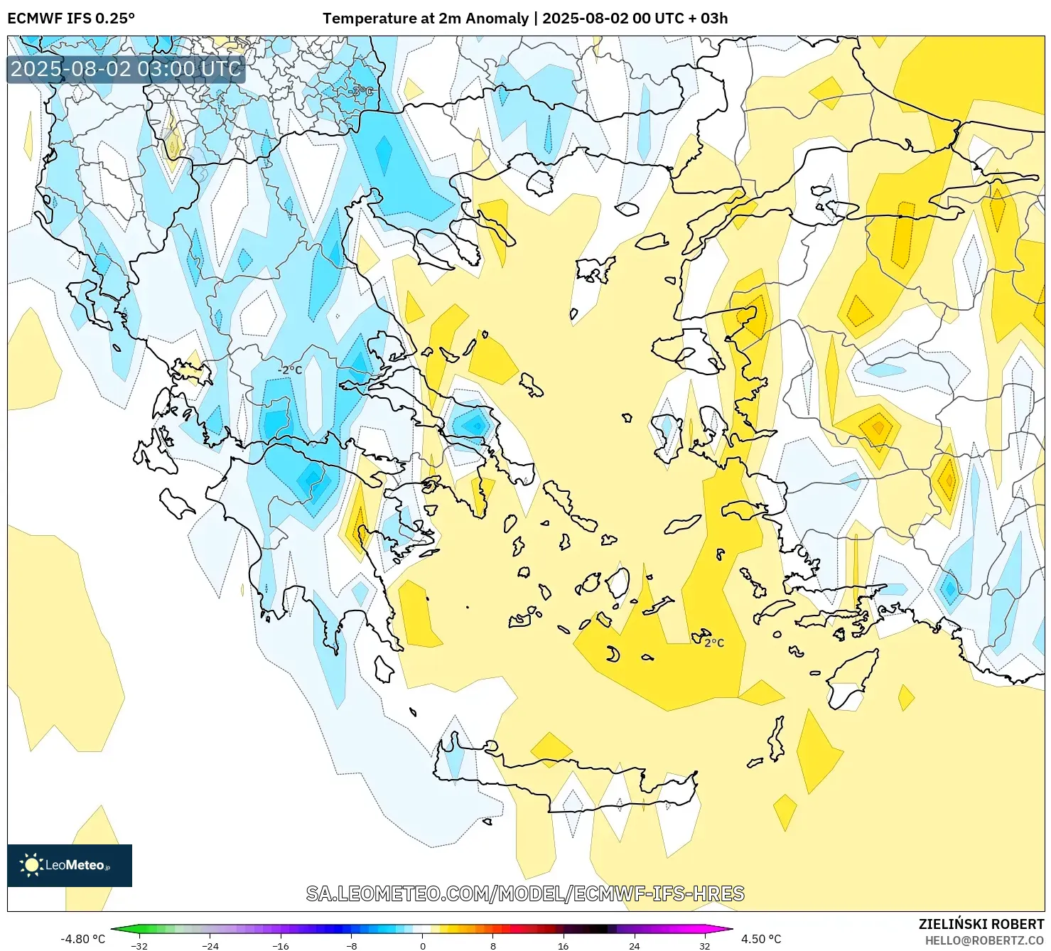 ECMWF IFS 0.25° model - Yunani, Anomali Suhu 2 m ECMWF IFS 0.25° model - Yunani, Anomali Suhu 2 m