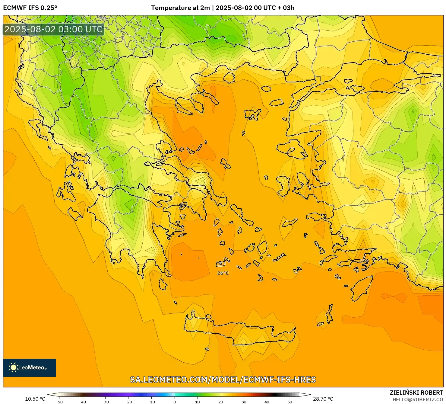 ECMWF IFS 0.25° model - Yunani, Suhu 2 m ECMWF IFS 0.25° model - Yunani, Suhu 2 m