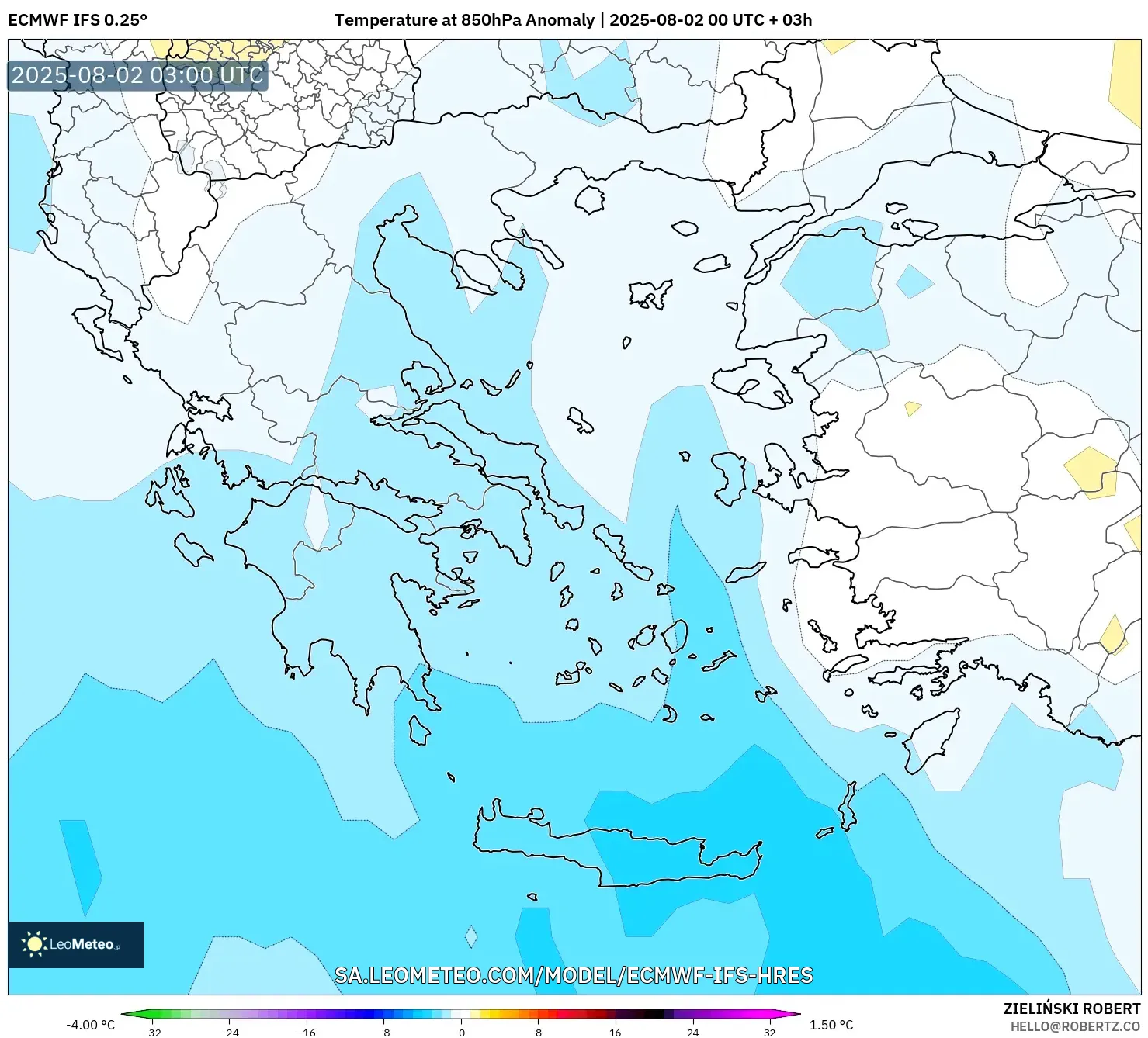 ECMWF IFS 0.25° model - Yunani, Anomali Suhu 850 hPa ECMWF IFS 0.25° model - Yunani, Anomali Suhu 850 hPa