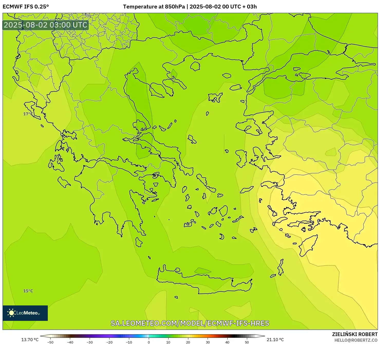 ECMWF IFS 0.25° model - Yunani, Suhu 850 hPa