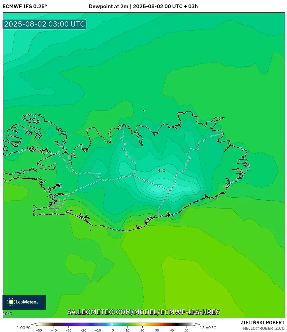 ECMWF IFS 0.25° model - Islandia, Titik Embun 2 m ECMWF IFS 0.25° model - Islandia, Titik Embun 2 m