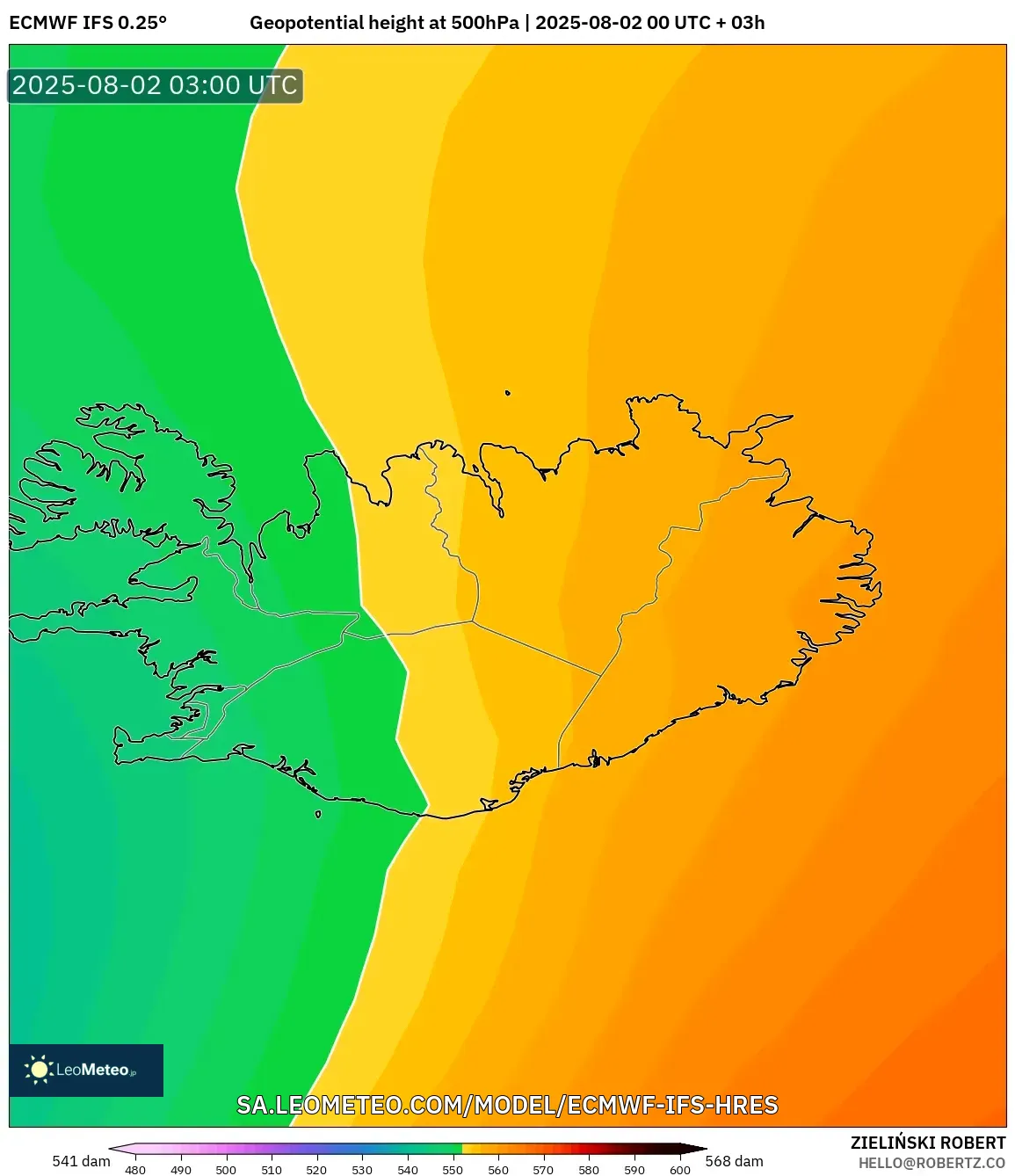 ECMWF IFS 0.25° model - Islandia, Ketinggian geopotensial pada 500 hPa ECMWF IFS 0.25° model - Islandia, Ketinggian geopotensial pada 500 hPa