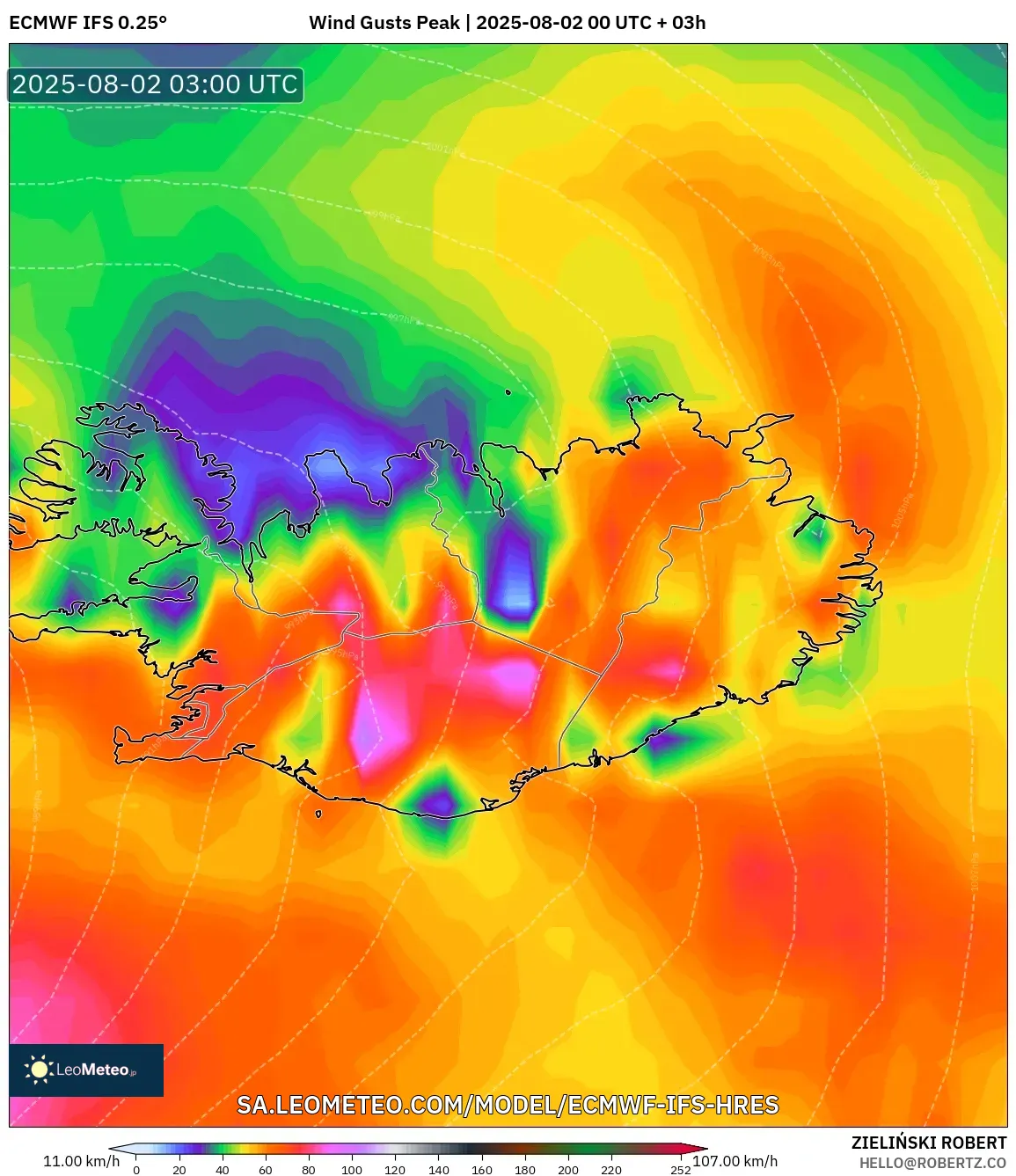 ECMWF IFS 0.25° model - Islandia, Puncak Hembusan ECMWF IFS 0.25° model - Islandia, Puncak Hembusan