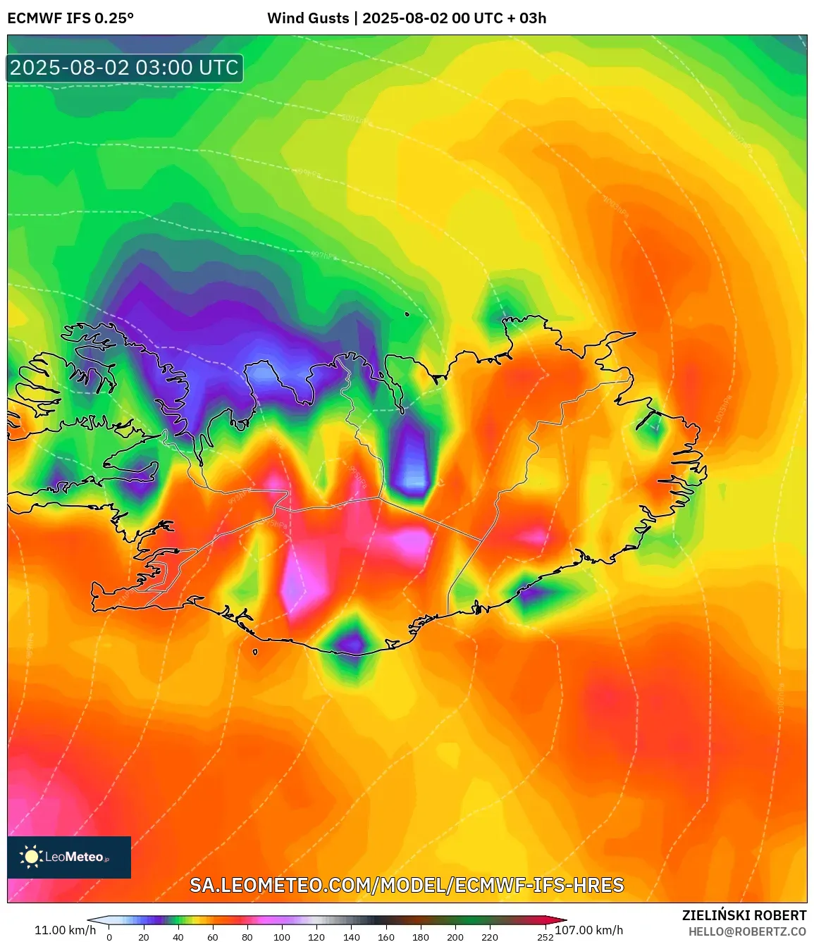 ECMWF IFS 0.25° model - Islandia, Hembusan Angin ECMWF IFS 0.25° model - Islandia, Hembusan Angin