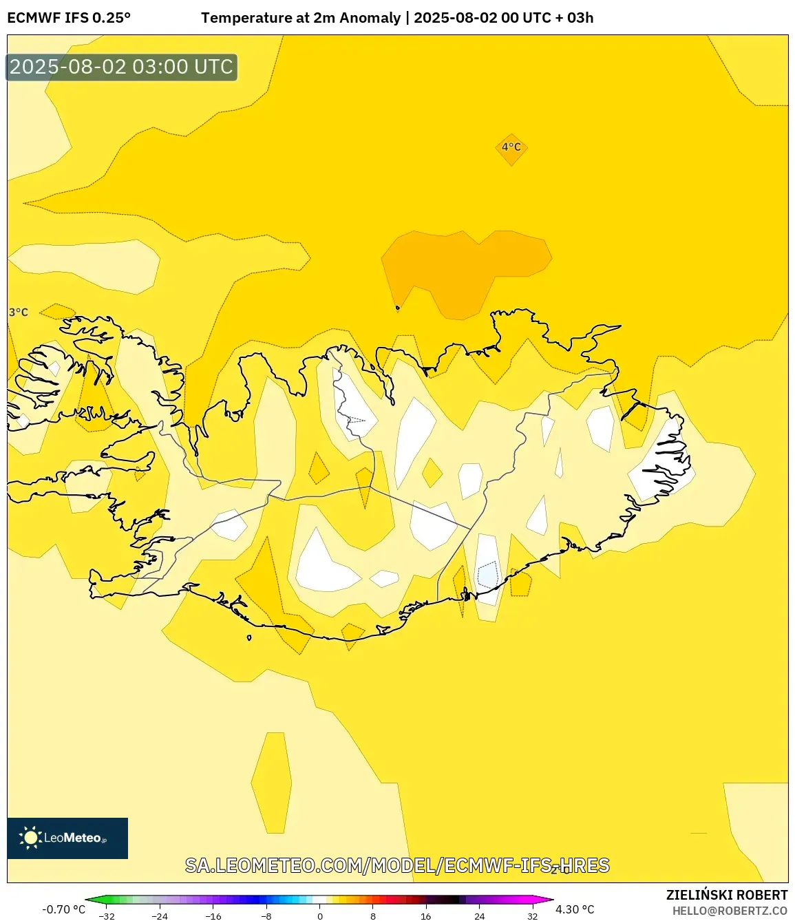 ECMWF IFS 0.25° model - Islandia, Anomali Suhu 2 m ECMWF IFS 0.25° model - Islandia, Anomali Suhu 2 m