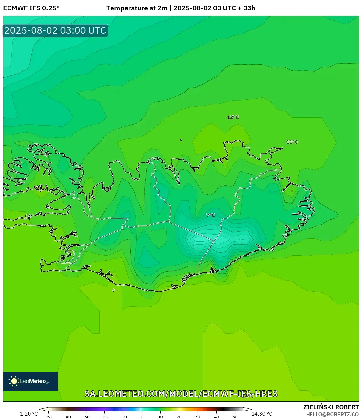 ECMWF IFS 0.25° model - Islandia, Suhu 2 m ECMWF IFS 0.25° model - Islandia, Suhu 2 m