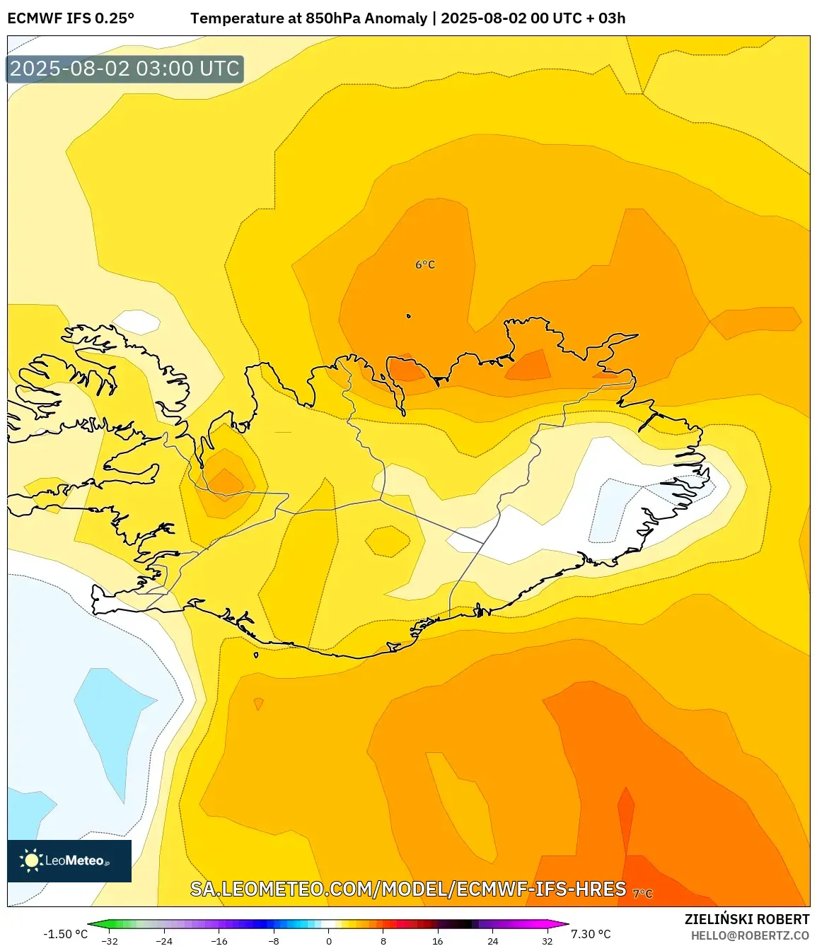 ECMWF IFS 0.25° model - Islandia, Anomali Suhu 850 hPa ECMWF IFS 0.25° model - Islandia, Anomali Suhu 850 hPa