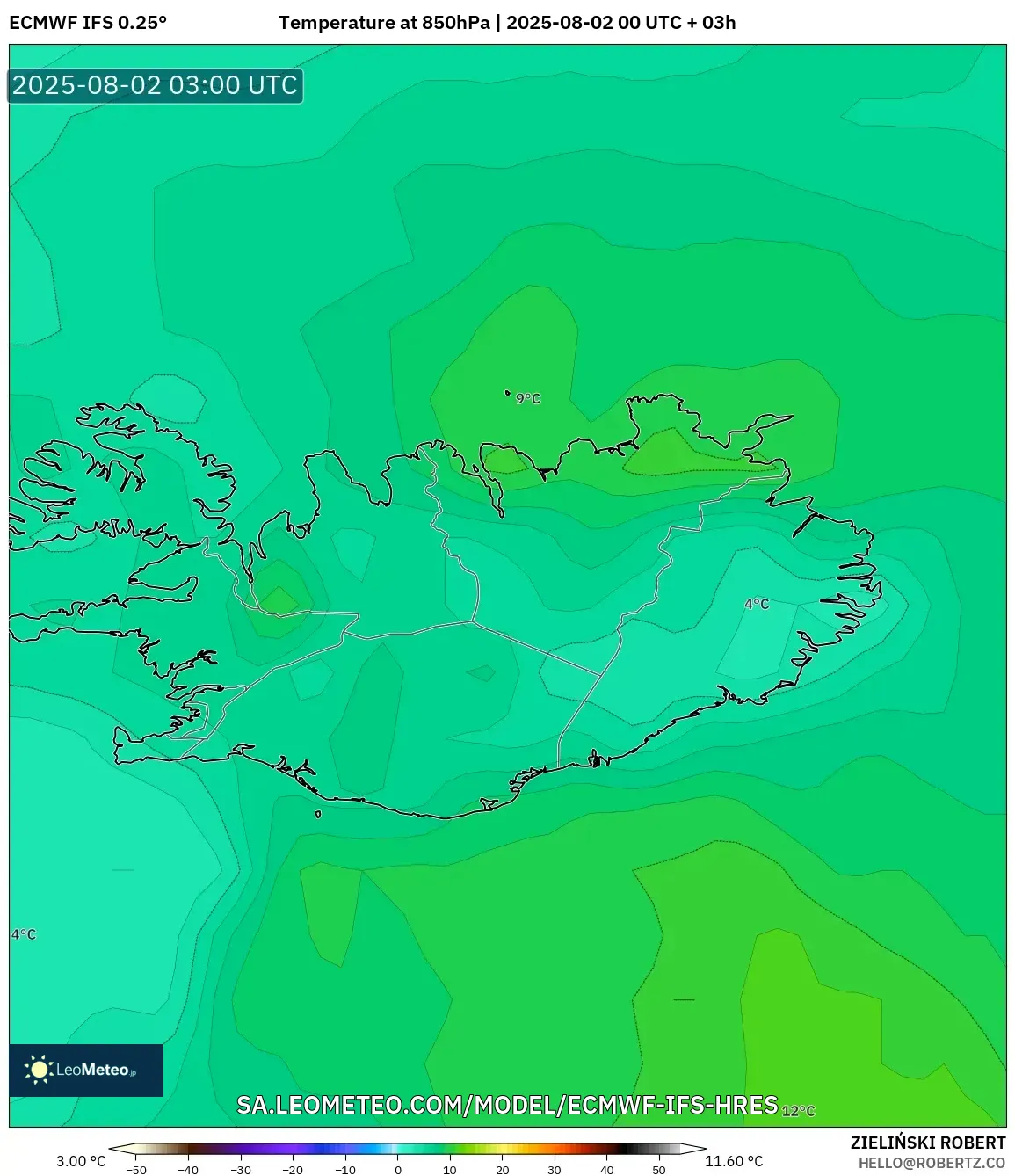 ECMWF IFS 0.25° model - Islandia, Suhu 850 hPa