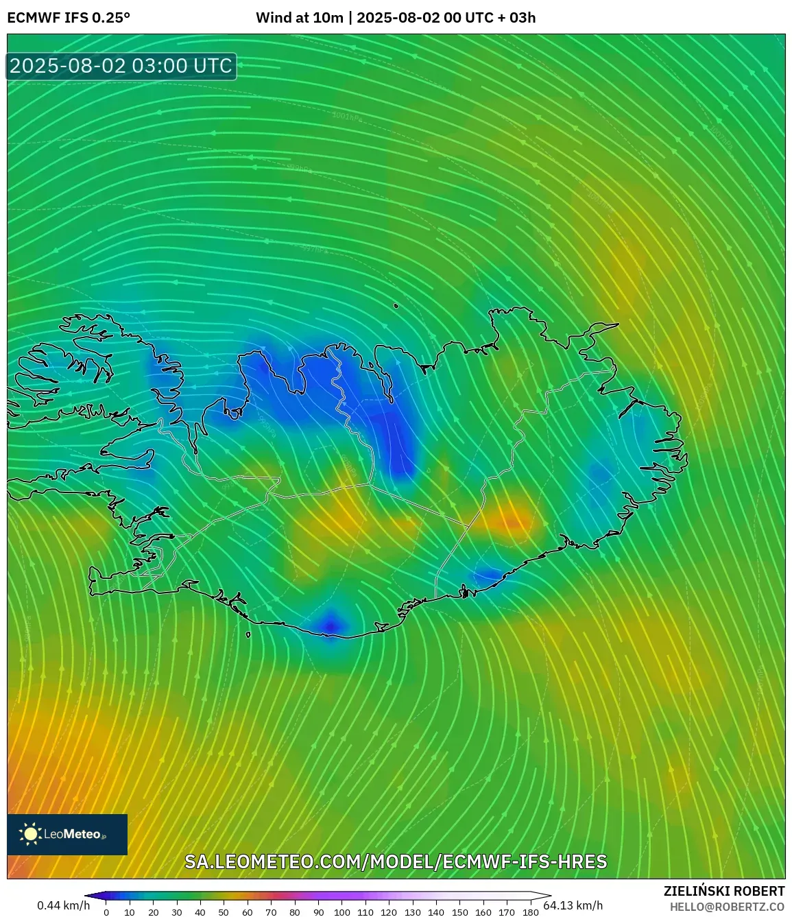 ECMWF IFS 0.25° model - Islandia, Angin 10 m