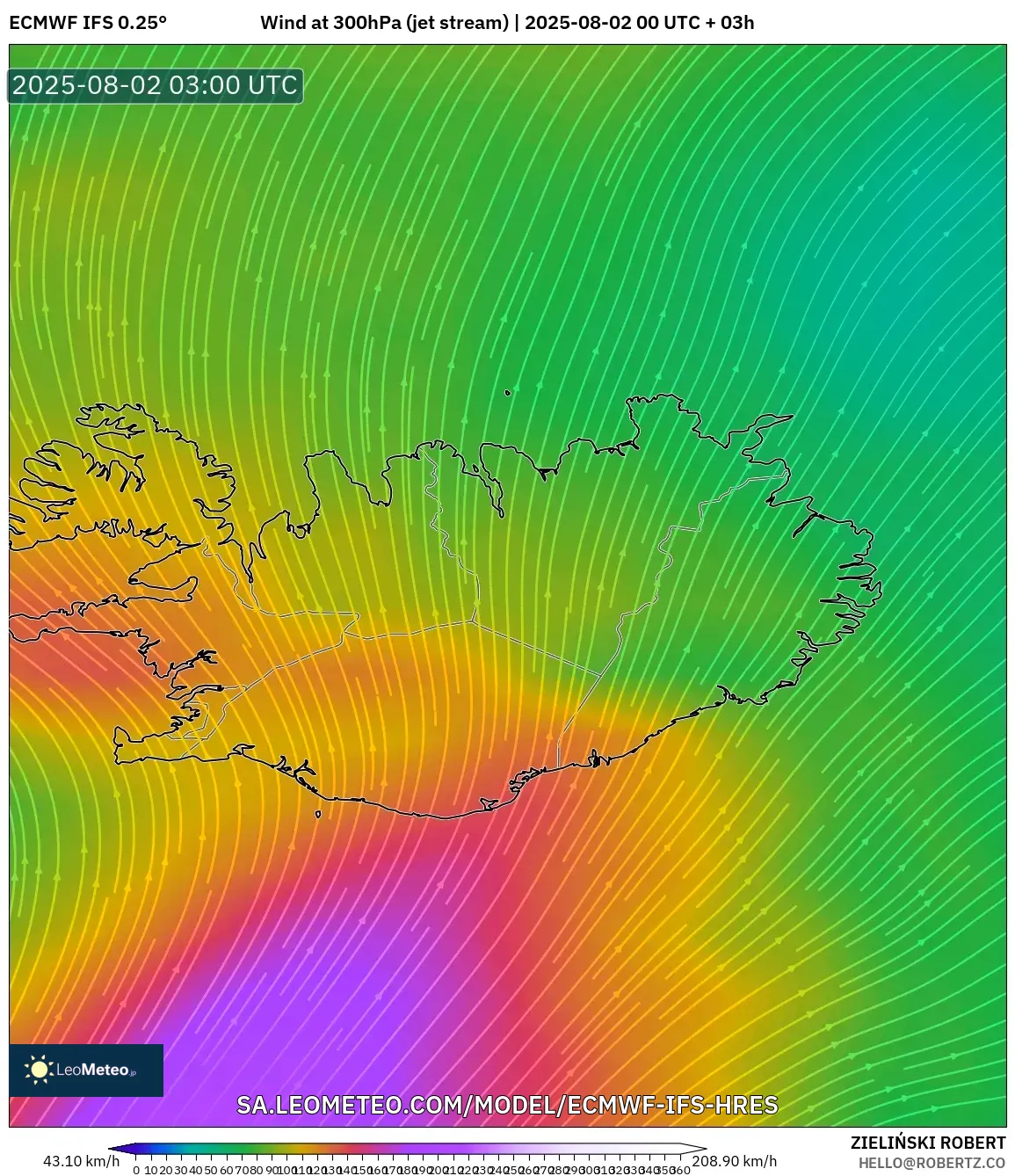 ECMWF IFS 0.25° model - Islandia, Angin 300 hPa (aliran jet)