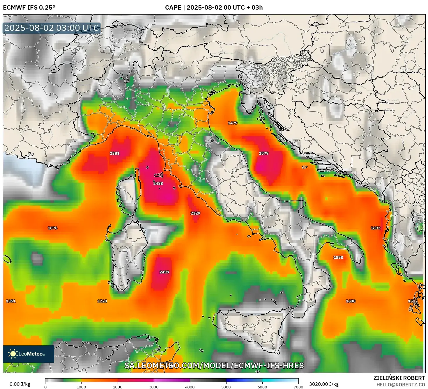 ECMWF IFS 0.25° model - Italia, CAPE