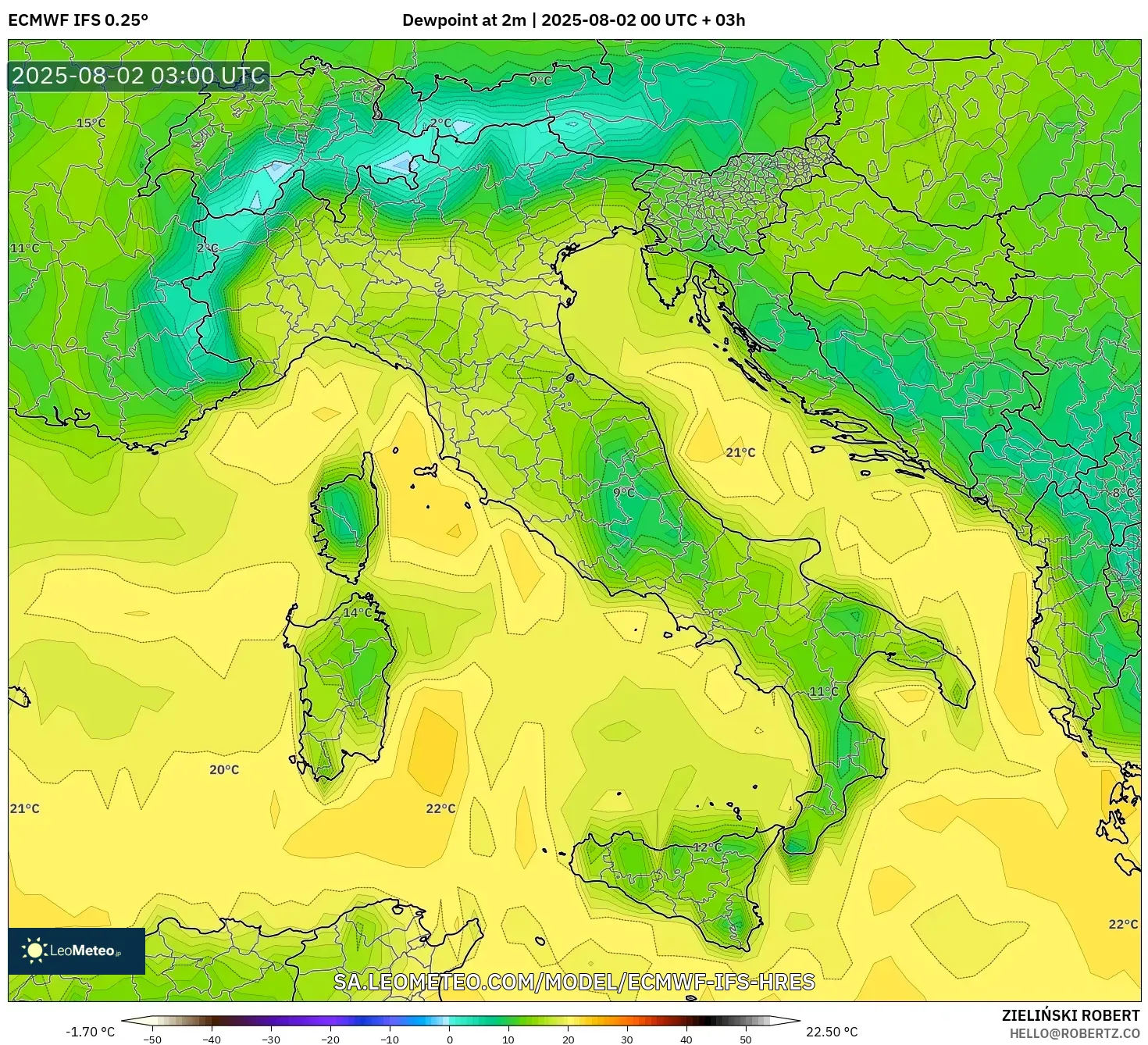 ECMWF IFS 0.25° model - Italia, Titik Embun 2 m ECMWF IFS 0.25° model - Italia, Titik Embun 2 m