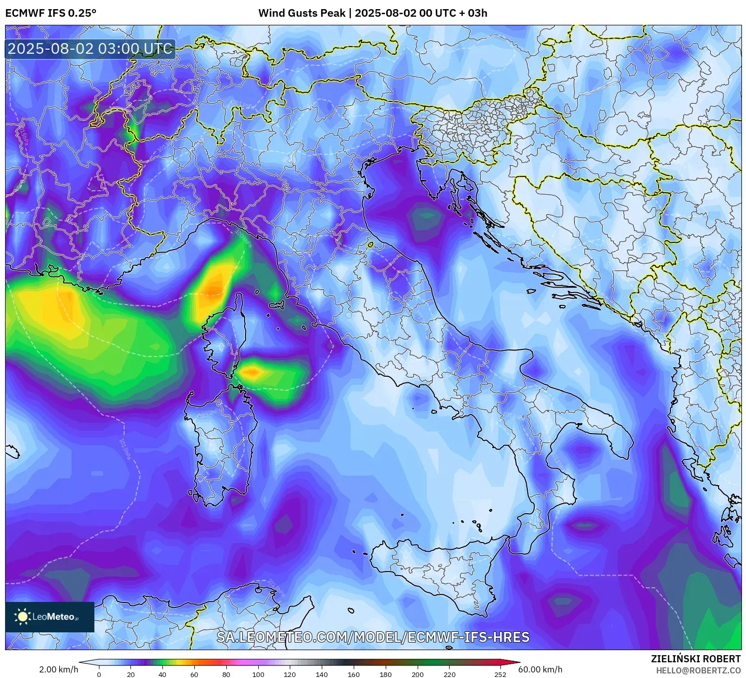 ECMWF IFS 0.25° model - Italia, Puncak Hembusan ECMWF IFS 0.25° model - Italia, Puncak Hembusan