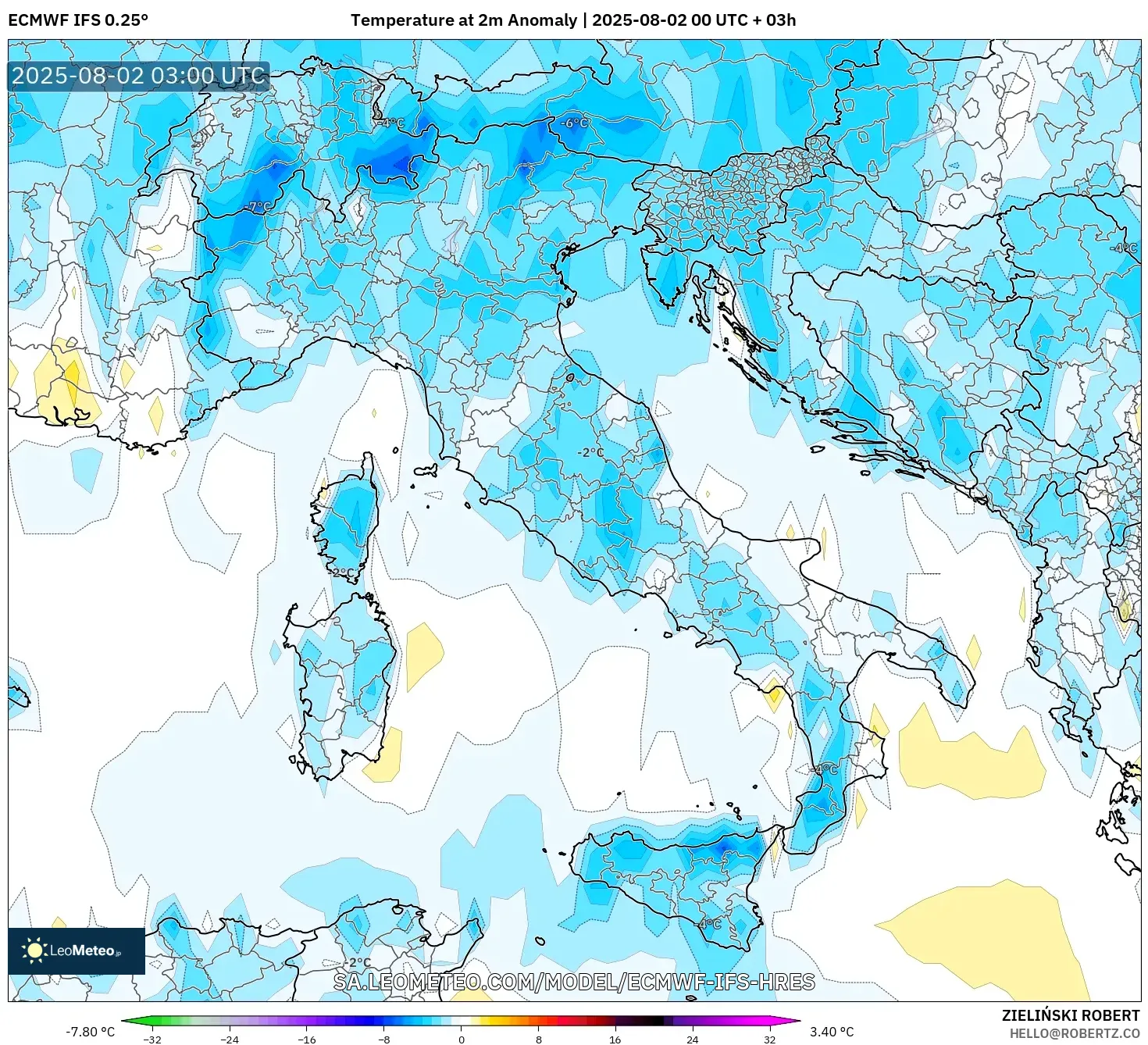 ECMWF IFS 0.25° model - Italia, Anomali Suhu 2 m ECMWF IFS 0.25° model - Italia, Anomali Suhu 2 m