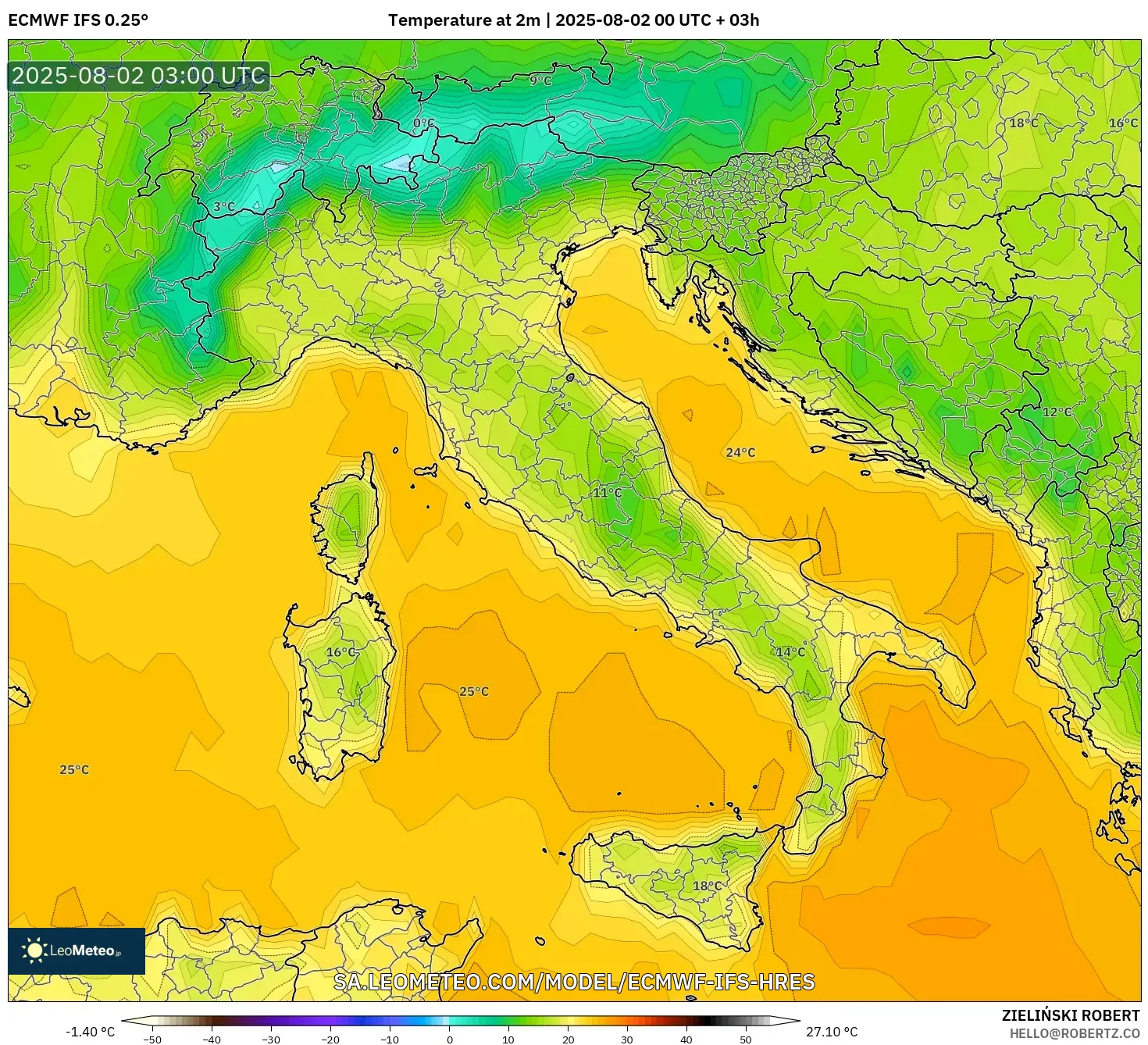 ECMWF IFS 0.25° model - Italia, Suhu 2 m ECMWF IFS 0.25° model - Italia, Suhu 2 m