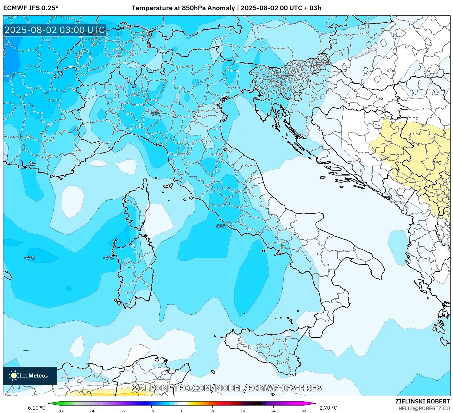 ECMWF IFS 0.25° model - Italia, Anomali Suhu 850 hPa