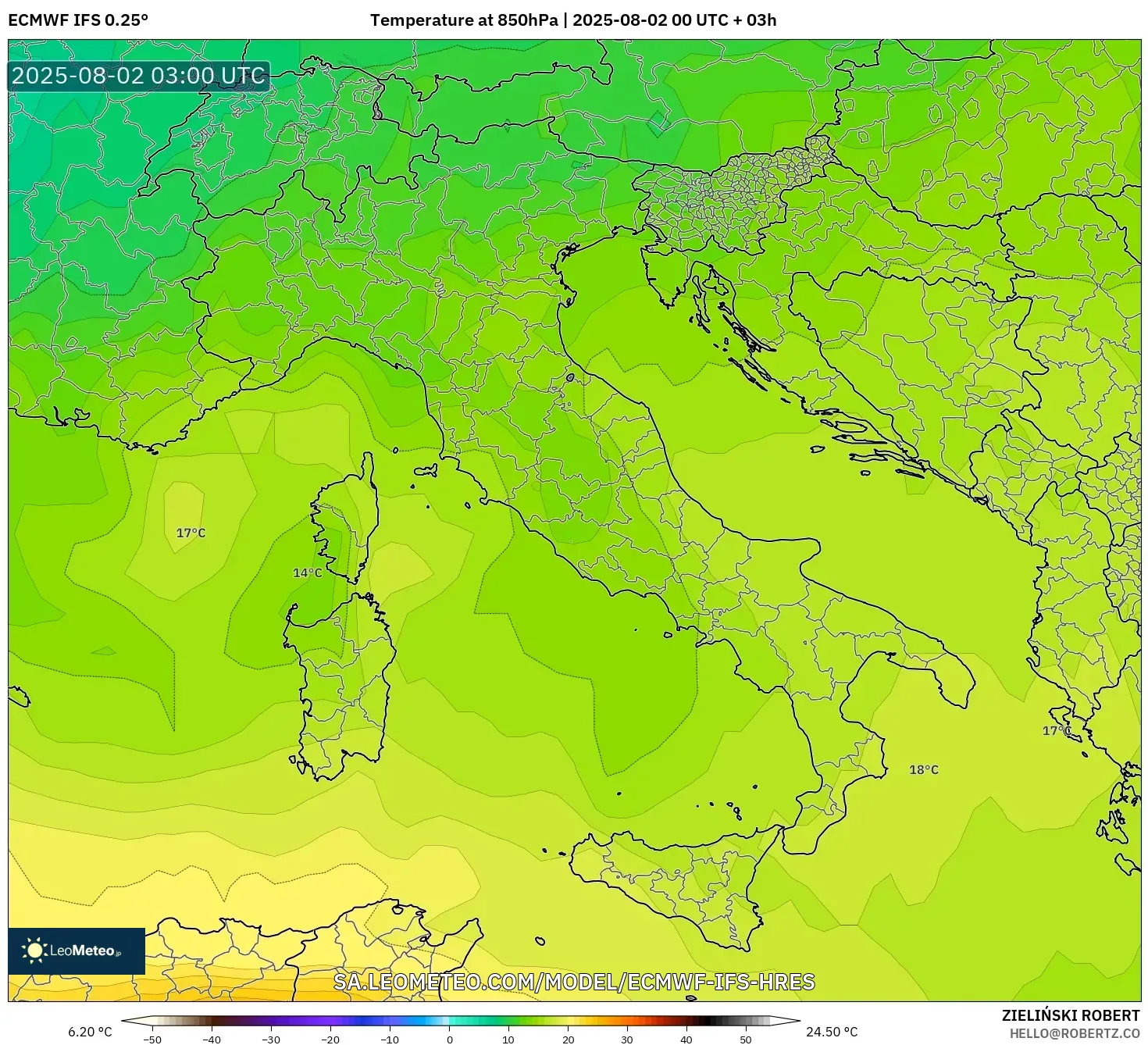 ECMWF IFS 0.25° model - Itali, Suhu 850 hPa