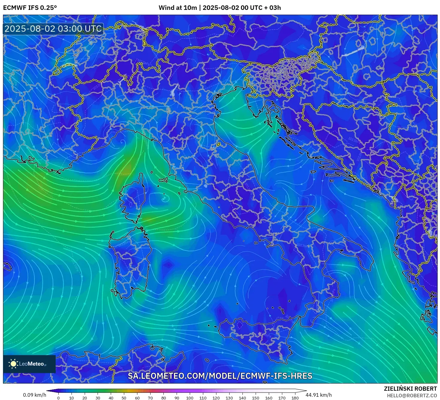 ECMWF IFS 0.25° model - Itali, Angin 10 m ECMWF IFS 0.25° model - Itali, Angin 10 m