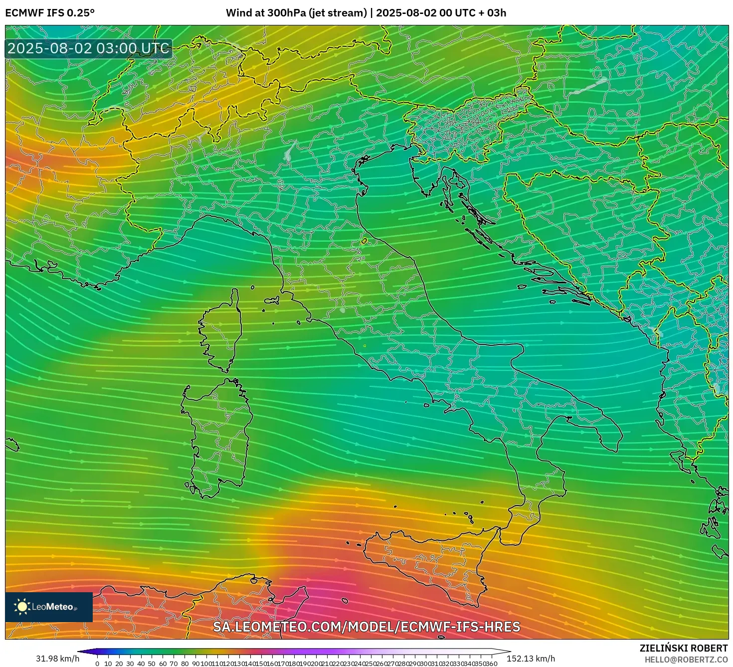 ECMWF IFS 0.25° model - Italia, Angin 300 hPa (aliran jet) ECMWF IFS 0.25° model - Italia, Angin 300 hPa (aliran jet)