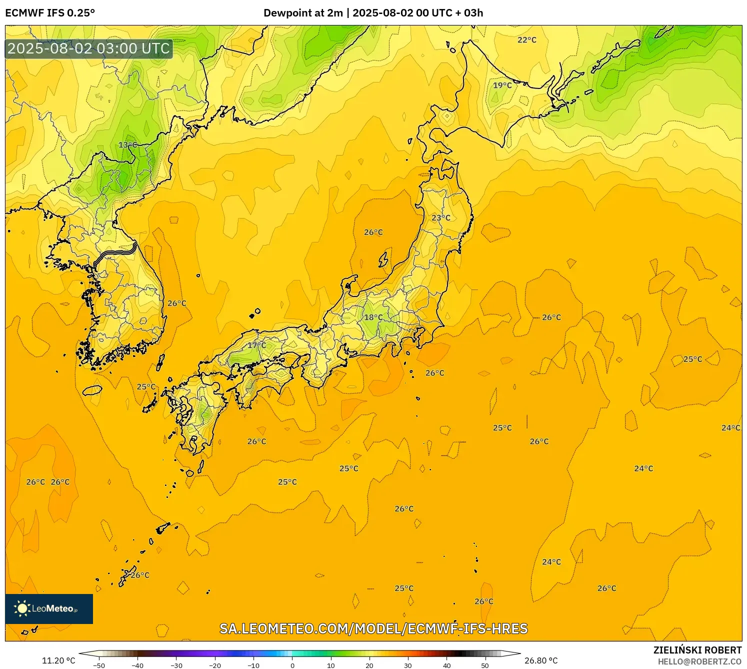 ECMWF IFS 0.25° model - Jepun, Takat Embun 2 m