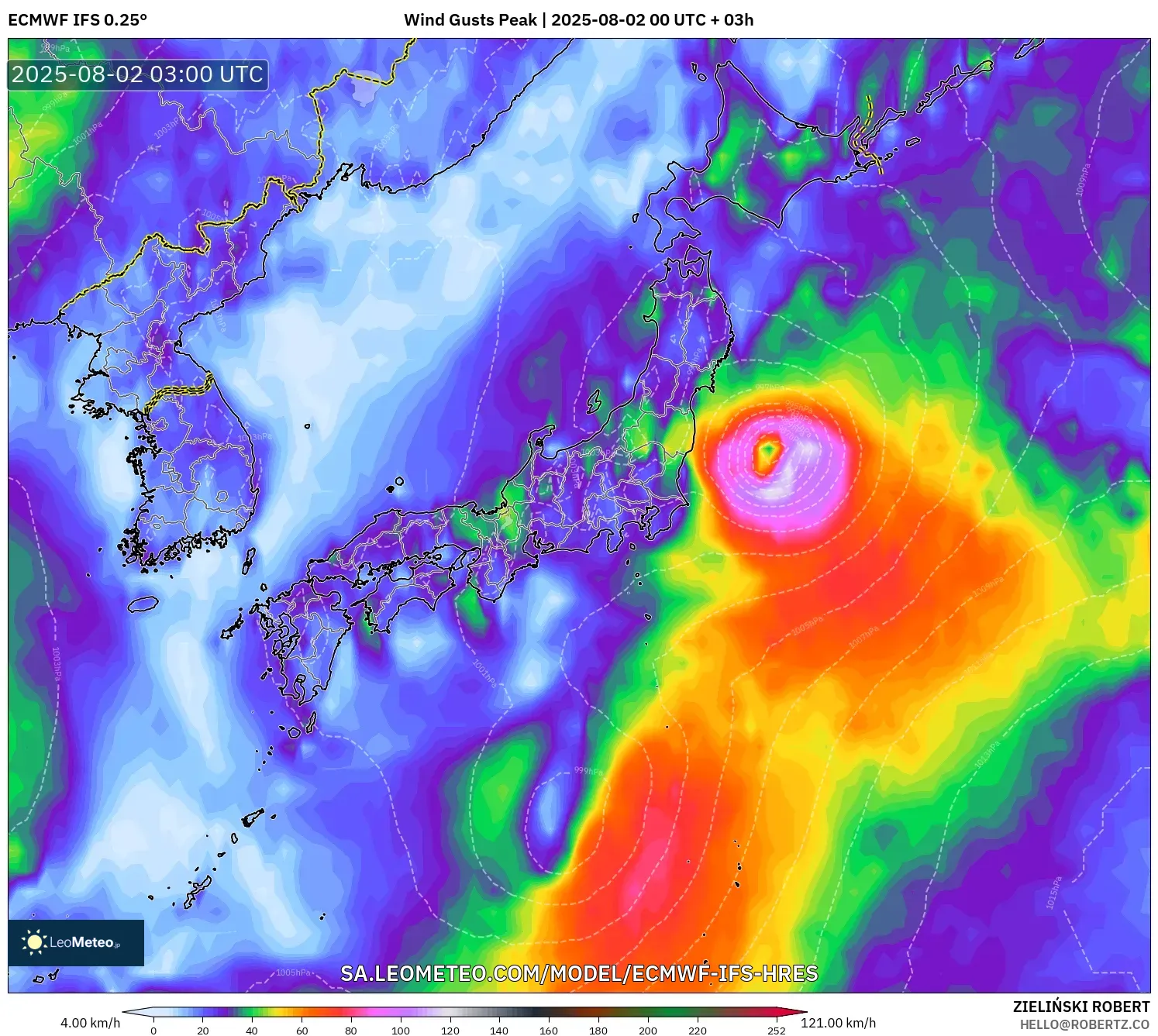ECMWF IFS 0.25° model - Jepang, Puncak Hembusan ECMWF IFS 0.25° model - Jepang, Puncak Hembusan