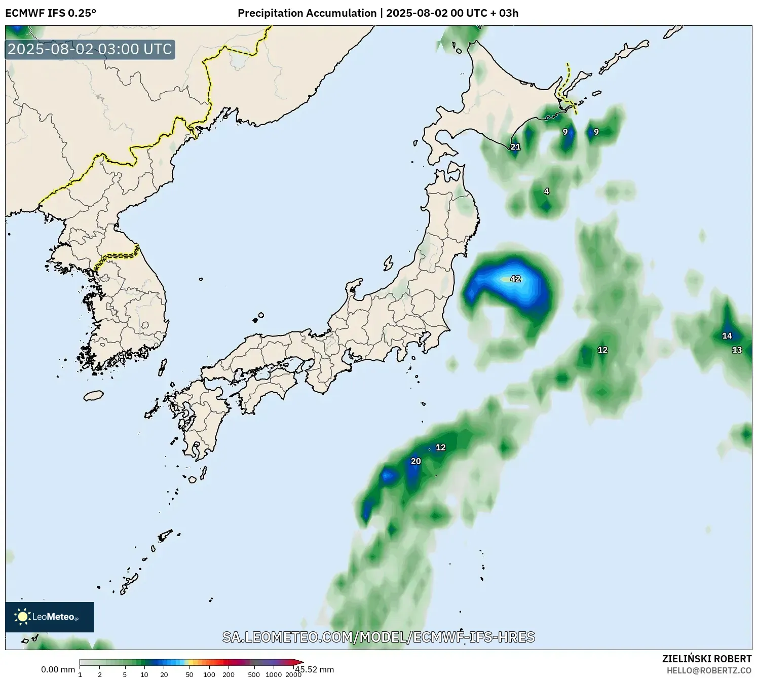 ECMWF IFS 0.25° model - Jepang, Akumulasi Curah Hujan