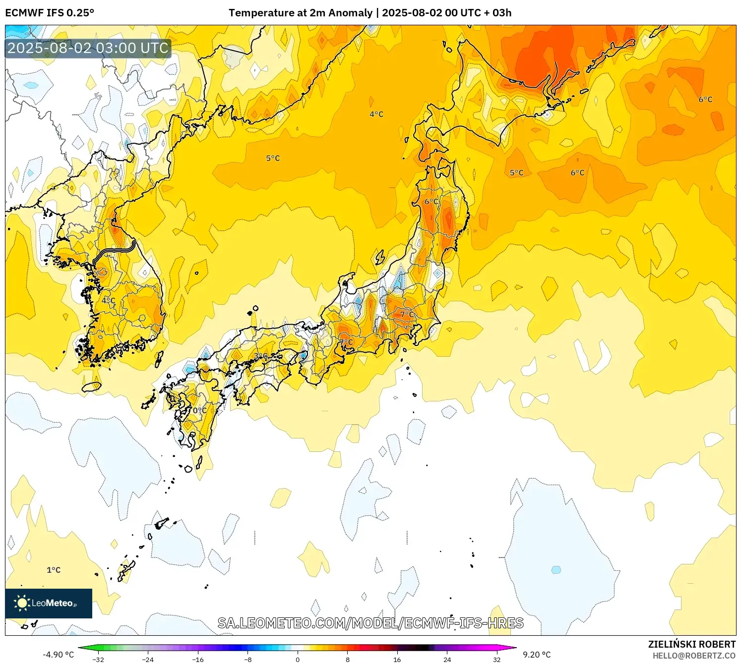 ECMWF IFS 0.25° model - Jepang, Anomali Suhu 2 m ECMWF IFS 0.25° model - Jepang, Anomali Suhu 2 m
