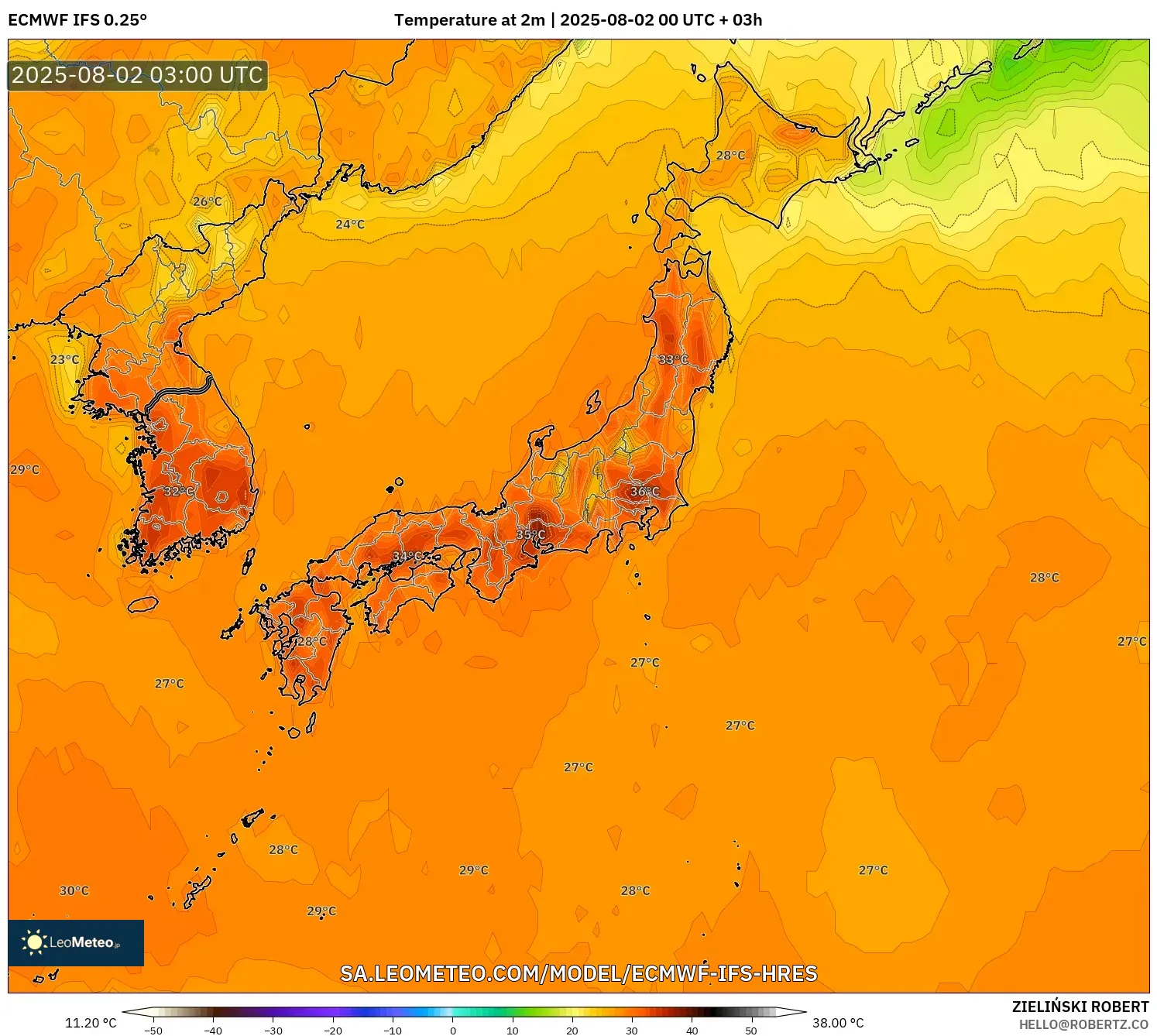 ECMWF IFS 0.25° model - Jepang, Suhu 2 m ECMWF IFS 0.25° model - Jepang, Suhu 2 m