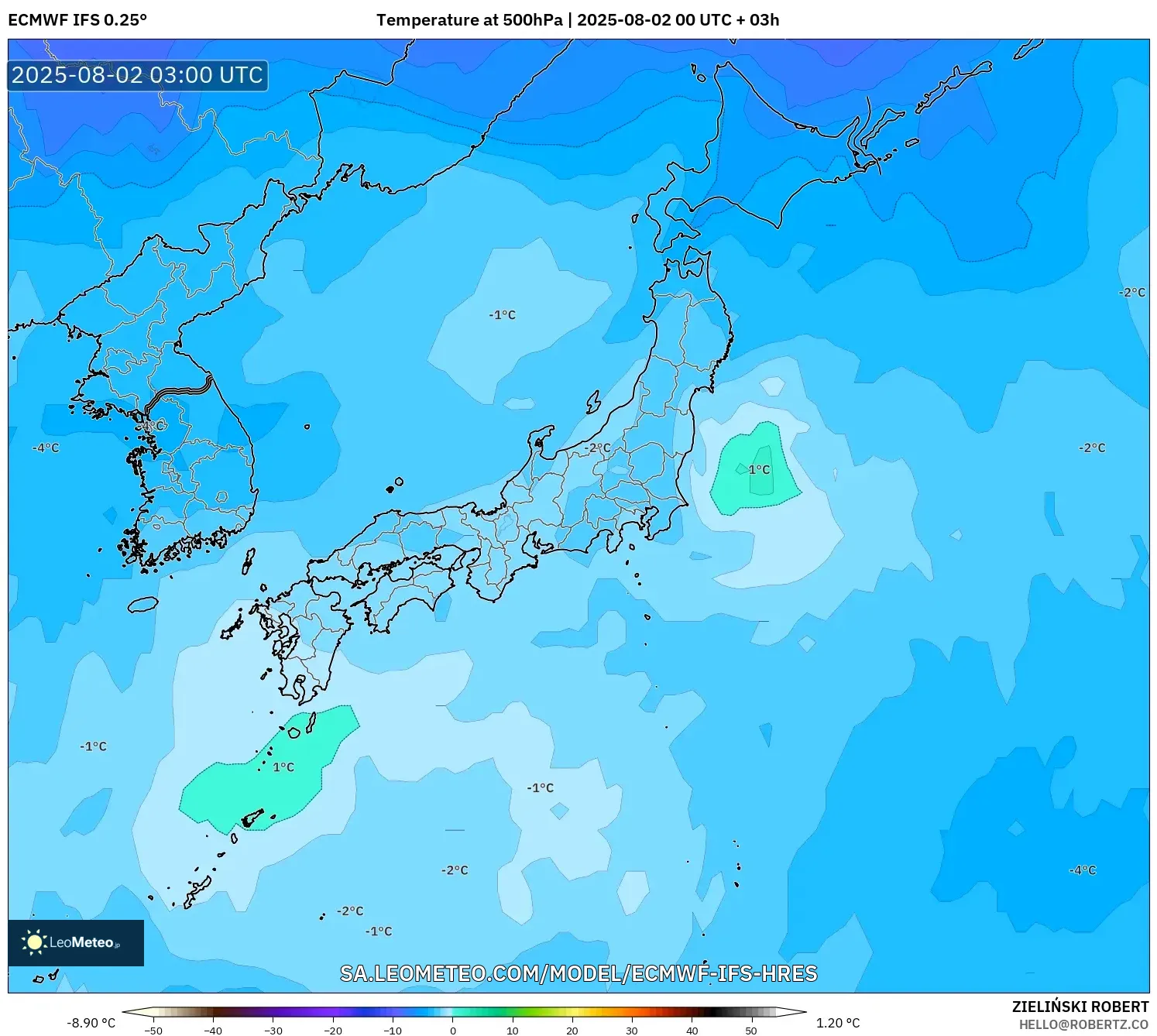 ECMWF IFS 0.25° model - Jepang, Suhu 500 hPa ECMWF IFS 0.25° model - Jepang, Suhu 500 hPa
