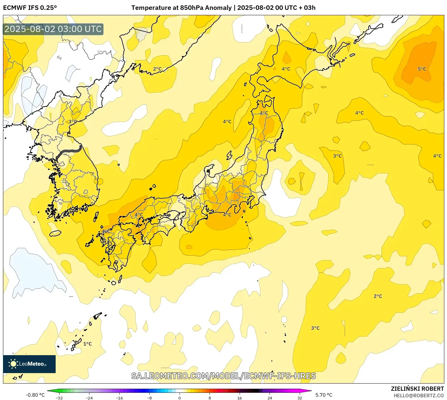 ECMWF IFS 0.25° model - Jepang, Anomali Suhu 850 hPa
