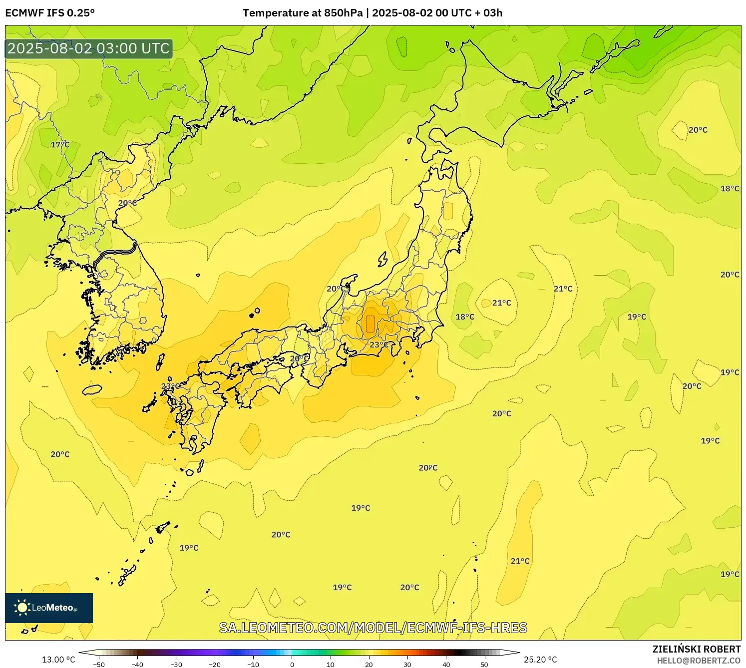 ECMWF IFS 0.25° model - Jepang, Suhu 850 hPa ECMWF IFS 0.25° model - Jepang, Suhu 850 hPa