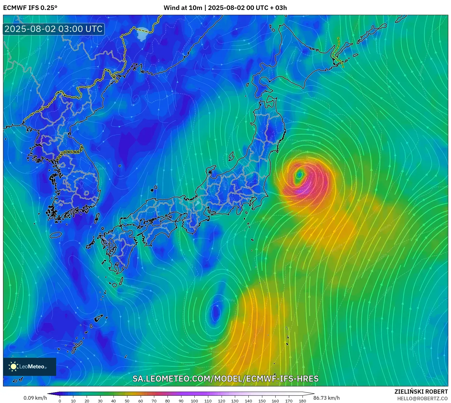 ECMWF IFS 0.25° model - Jepang, Angin 10 m ECMWF IFS 0.25° model - Jepang, Angin 10 m