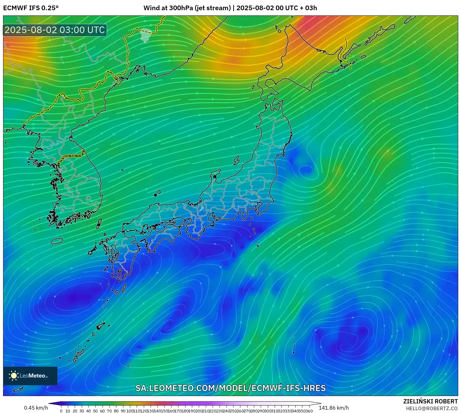 ECMWF IFS 0.25° model - Jepang, Angin 300 hPa (aliran jet)